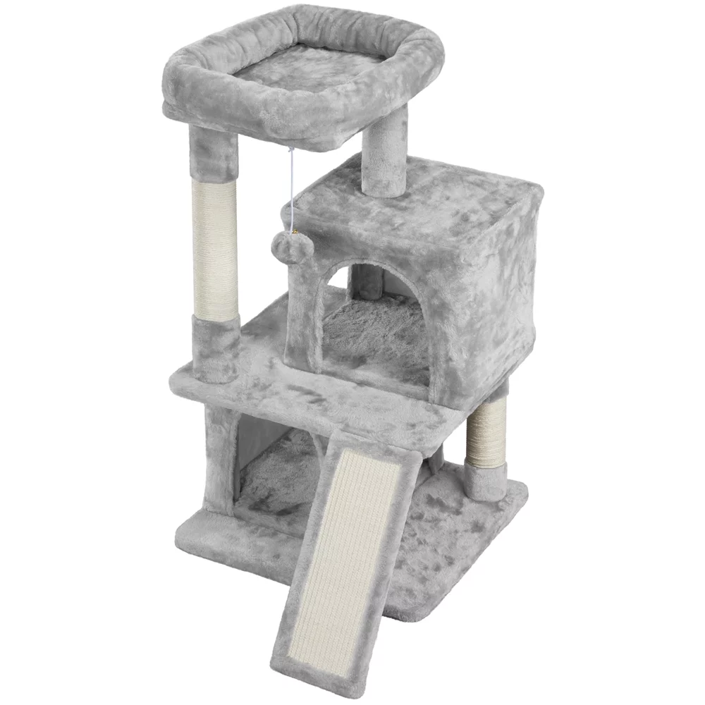 Easyfashion Multilevel Plush Cat Tree with Double Condos and Furry Ball,Light Gray