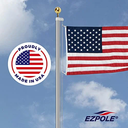 Ezpole All American Silver Sectional Flagpole, 25 foot with 4’ x 6’ Sewn Nylon American Flag, Heavy Duty 14 Gauge Aluminum Sectional Pole, US Flag, Ground Sleeve, and All Hardware. 100% Made in USA