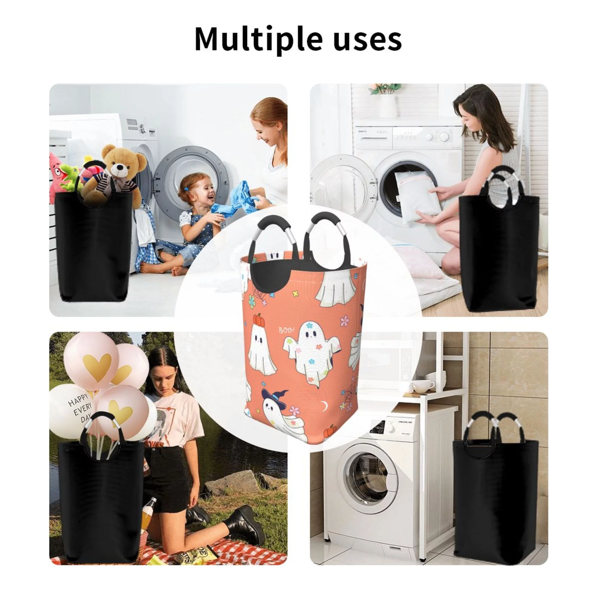 TEQUAN 50L Large Rectangular Laundry Hamper with Aluminum Handles, Magical Cute Happy Ghosts Prints Waterproof Foldable Dirty Clothes Basket