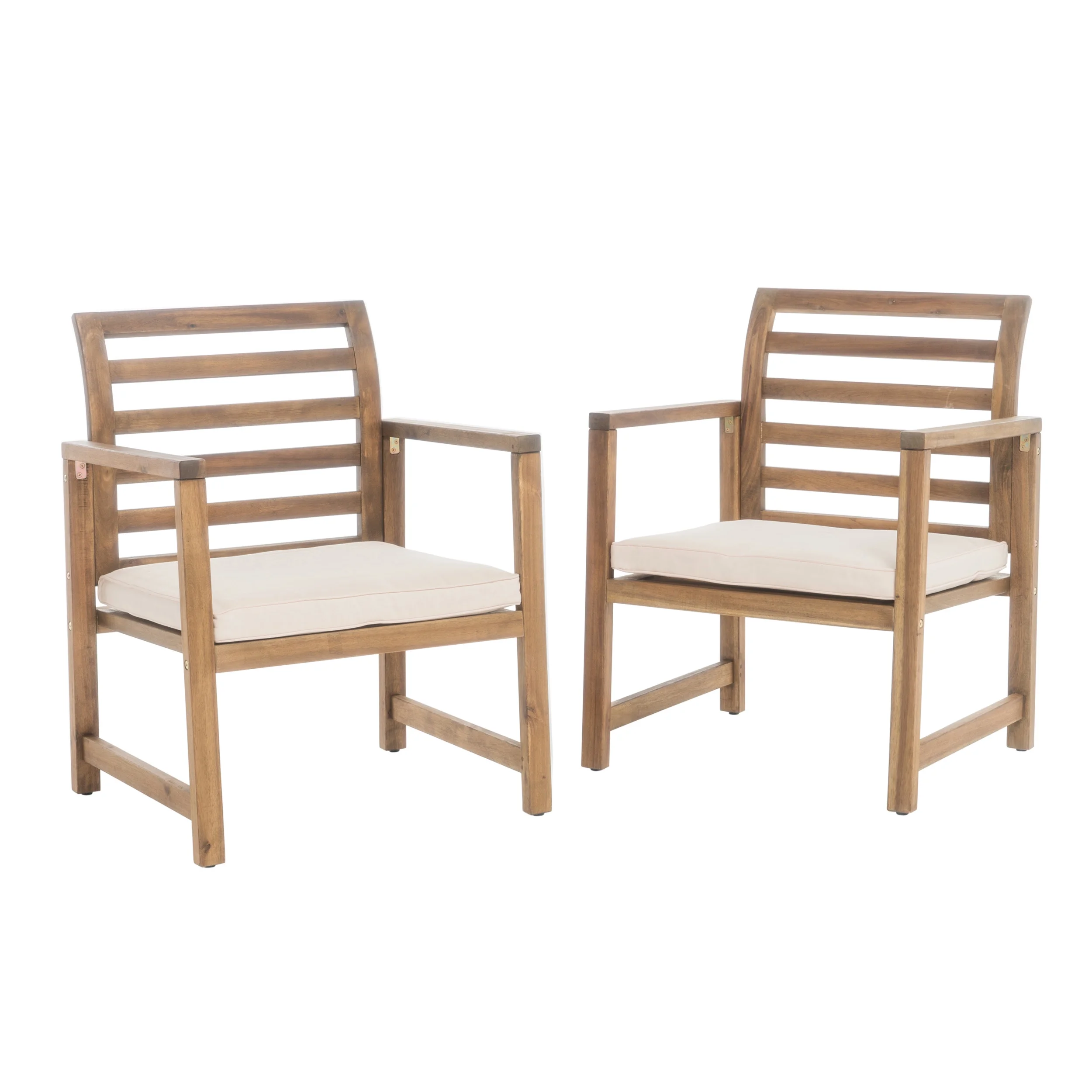 2-Piece Outdoor Club Chairs Set, Acacia Wood, Natural Stain with White Cushions, 25.5