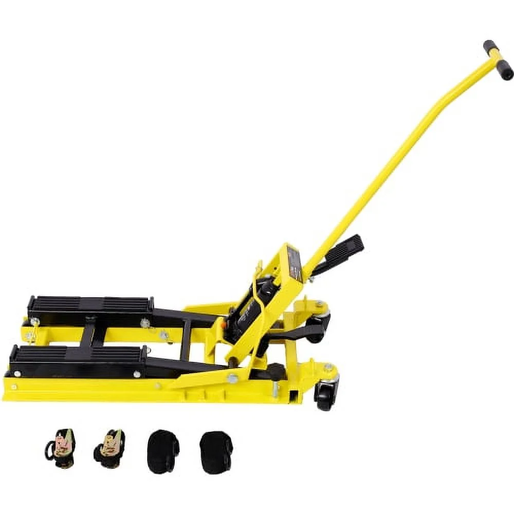 Hydraulic Motorcycle Lift Jack, 1500 LBS Capacity ATV Scissor Lift Jack, Portable Motorcycle Lift Table with 4 Wheels, Hydraulic Foot-Operated Hoist Stand with tie down yellow