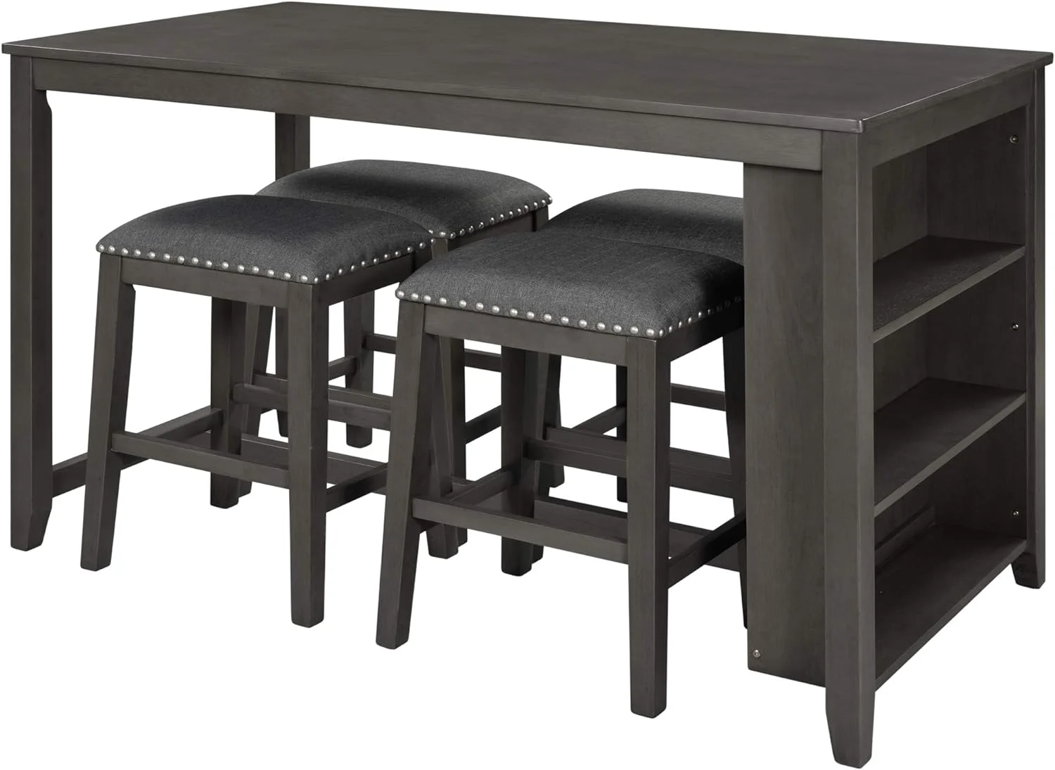 5 Pieces Counter Height Wooden Bar Table Set With 3-Tier Shelf And 4 Stools, Rustic Farmhouse Dining Table Set For 4, Gray