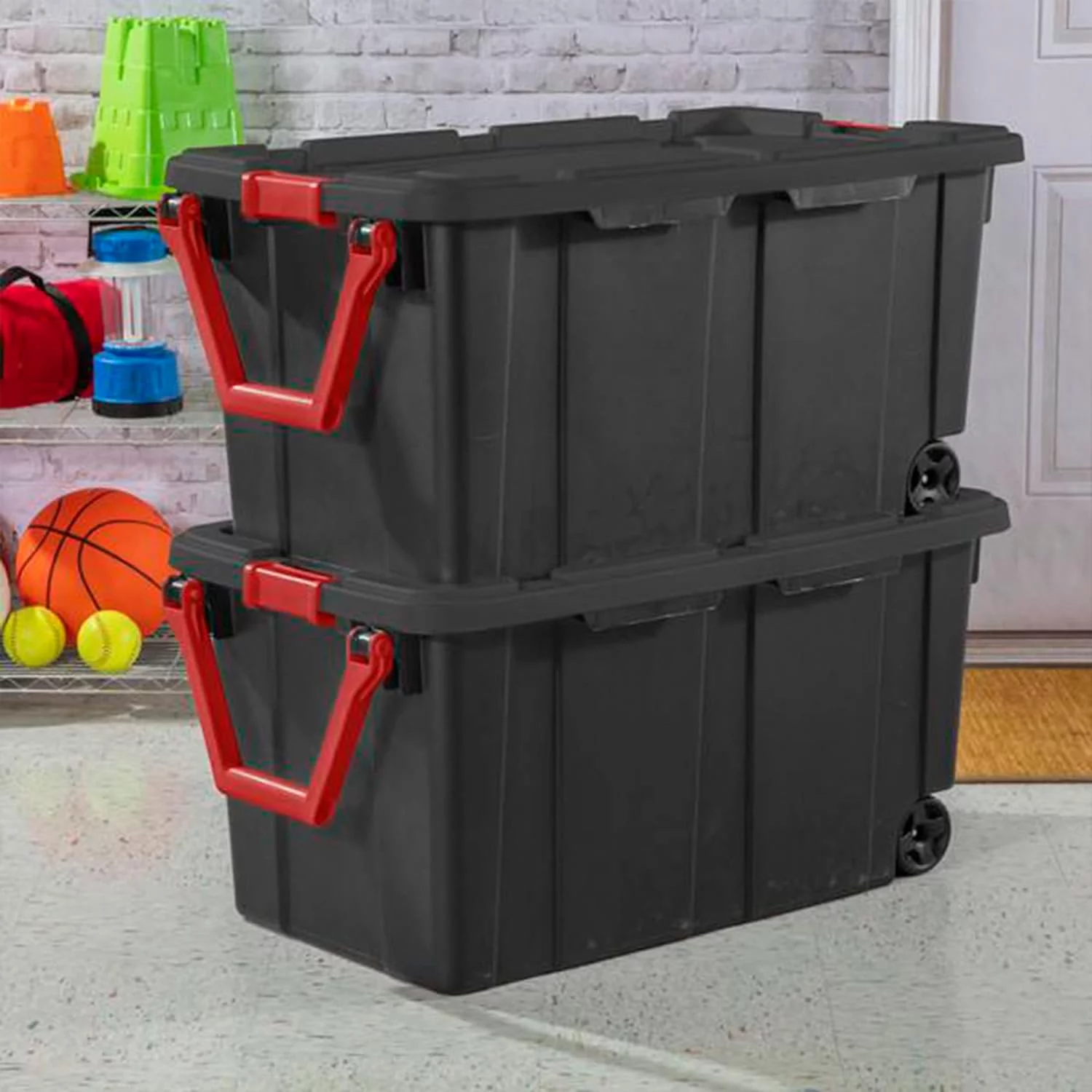 40 Gal Wheeled Industrial Tote, Stackable Storage Bin With Lid, Plastic Container With Heavy Duty es, Black Base And Lid, 4-Pack