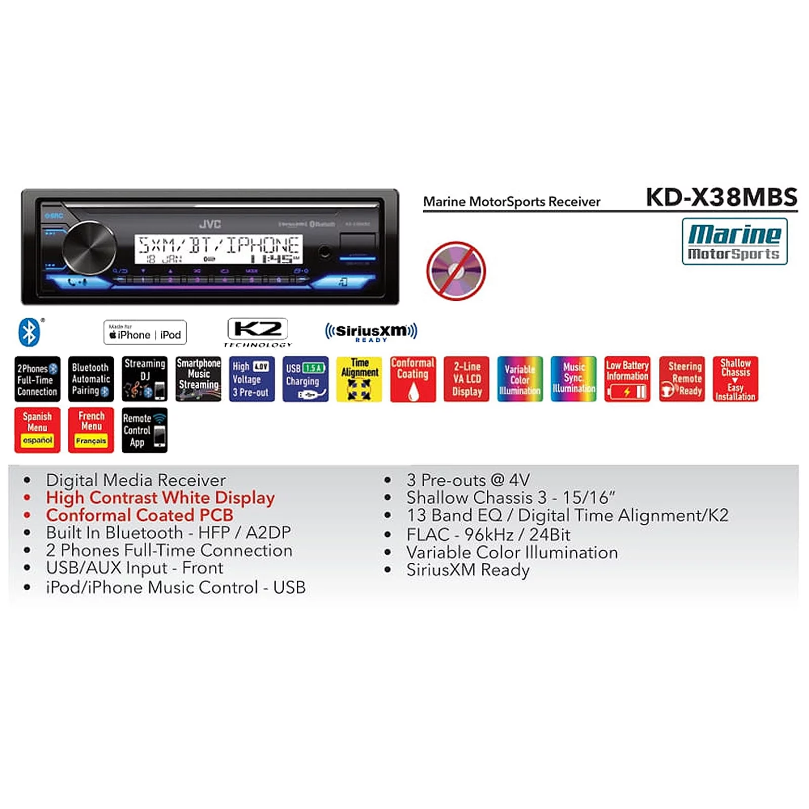 Single DIN Headunit Bluetooth Radio USB AUX AM/FM Digital Media Marine Receiver Bundle Combo with 2 Pairs (QTY 4) 6.5