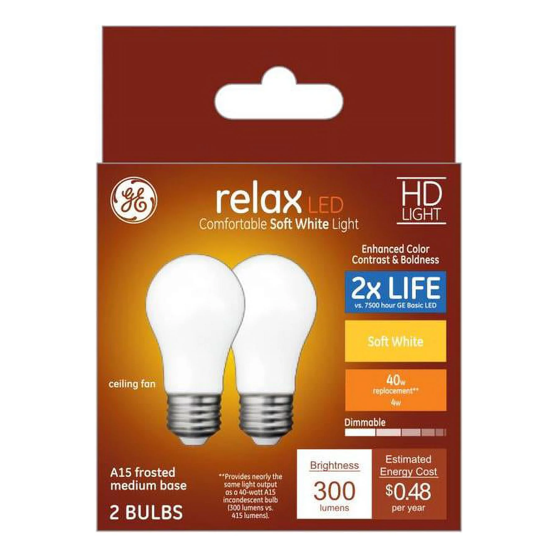 GE Relax 2-Pack 40 W Equivalent Dimmable Soft White A15 LED Light Fixture Light Bulb