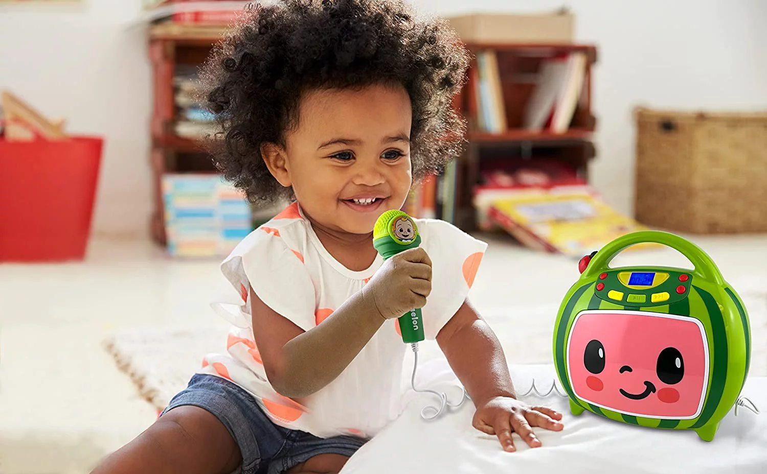eKids Cocomelon Karaoke Machine, Portable Bluetooth Party Speaker with Microphone for Kids, Built-in Songs and USB Port to Play Music