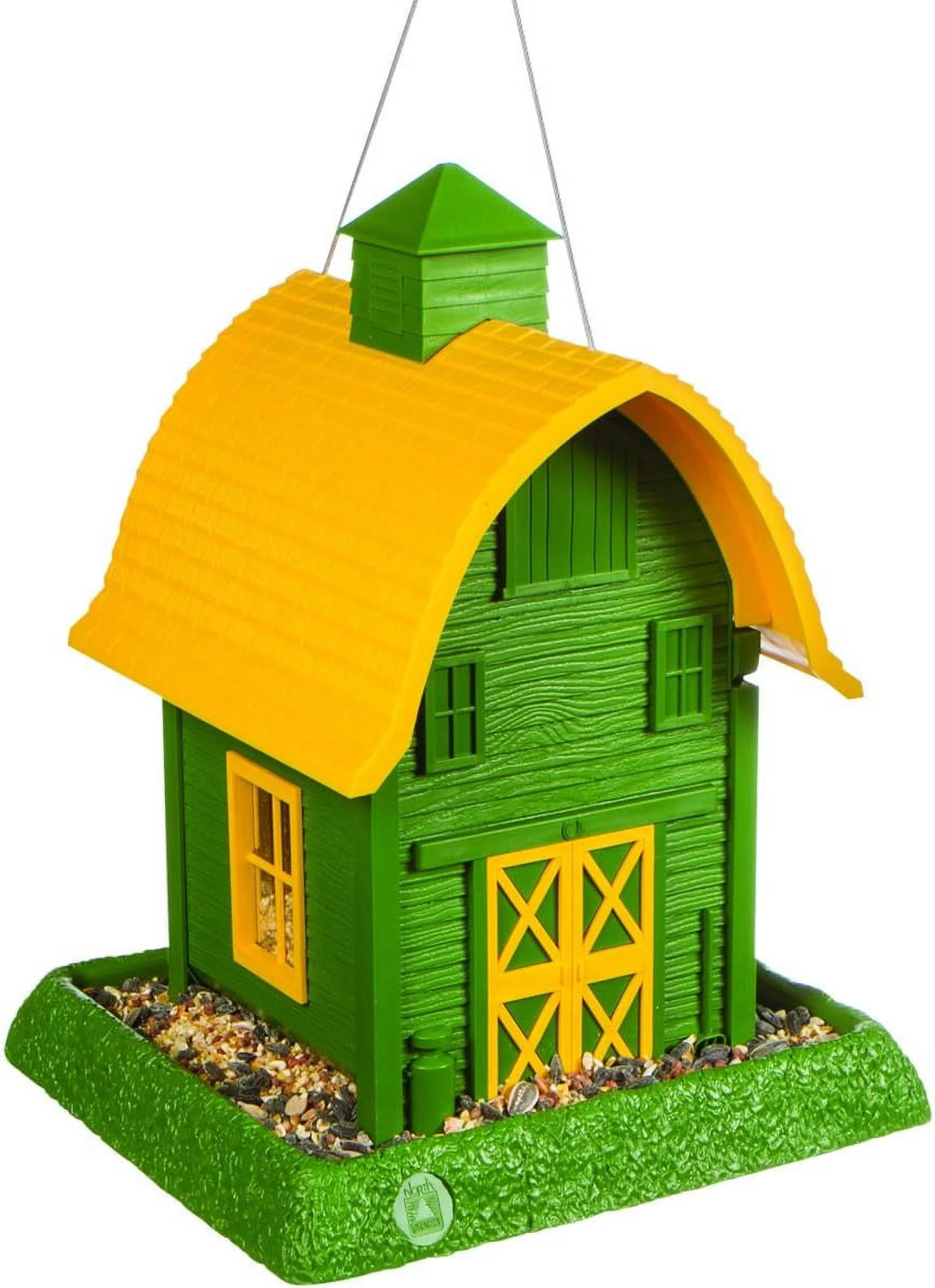 Village Collection Green Barn feeder: Easy Fill And Clean. Squirrel Proof Hanging Cable Included, Or Pole Mount (Pole Sold Separately). Large, 5 Pound Seed Capacity (9.5 X 10.25 X 13.25, Green)