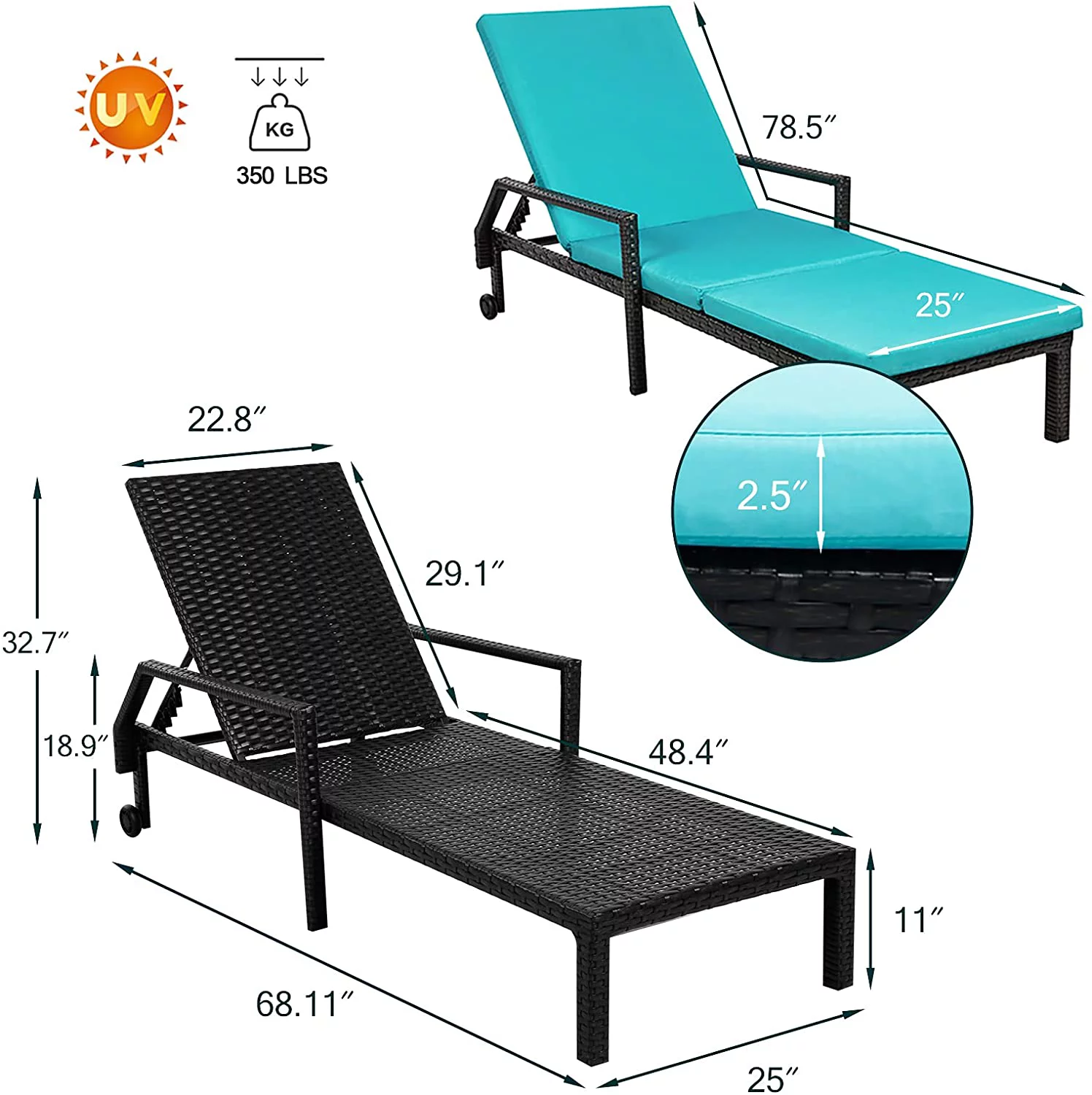 AECOJOY 3-Piece Outdoor Wicker Chaise Lounge Set Poolside Patio Lounge Chair Set of 2 with Bistro Table Umbrella Base-Blue
