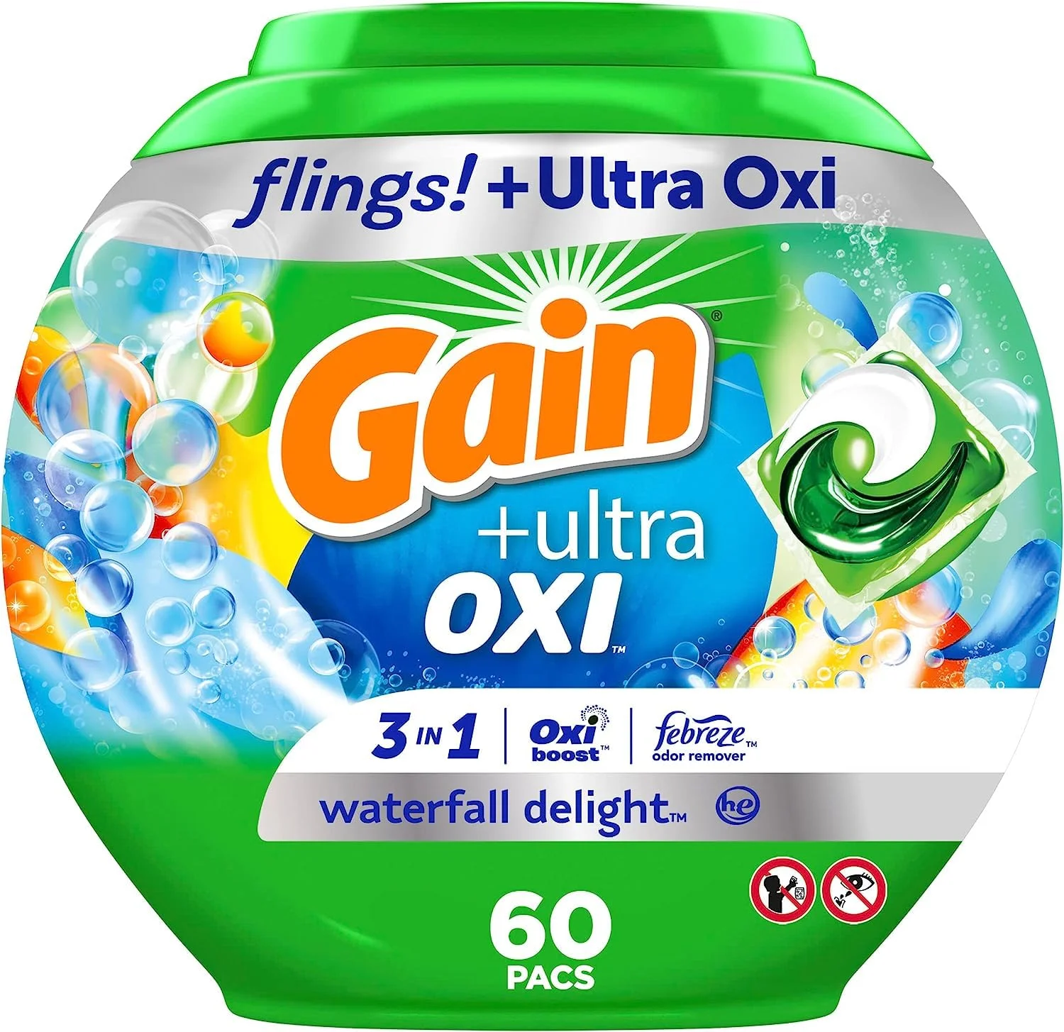 Gain Flings Ultra Oxi Laundry Detergent Pacs, 60 Count, Waterfall Delight Scent, 3-In-1, He Compatible