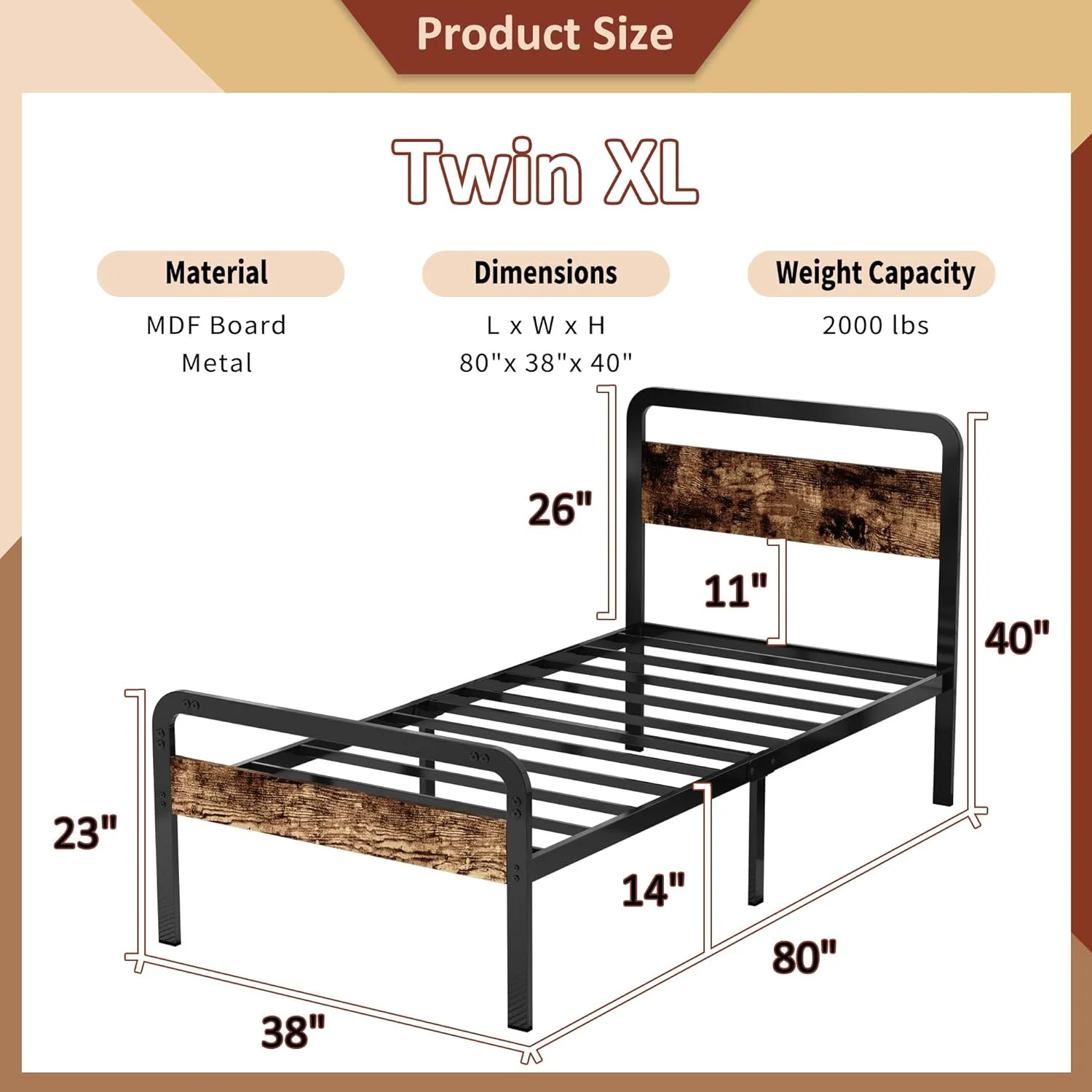 Twin XL Bed Frame with Wood Headboard and Footboard 14 Inch, Heavy Duty Metal Twin XL Platform Bed Frame, No Box Spring Needed, Easy Assembly, Black