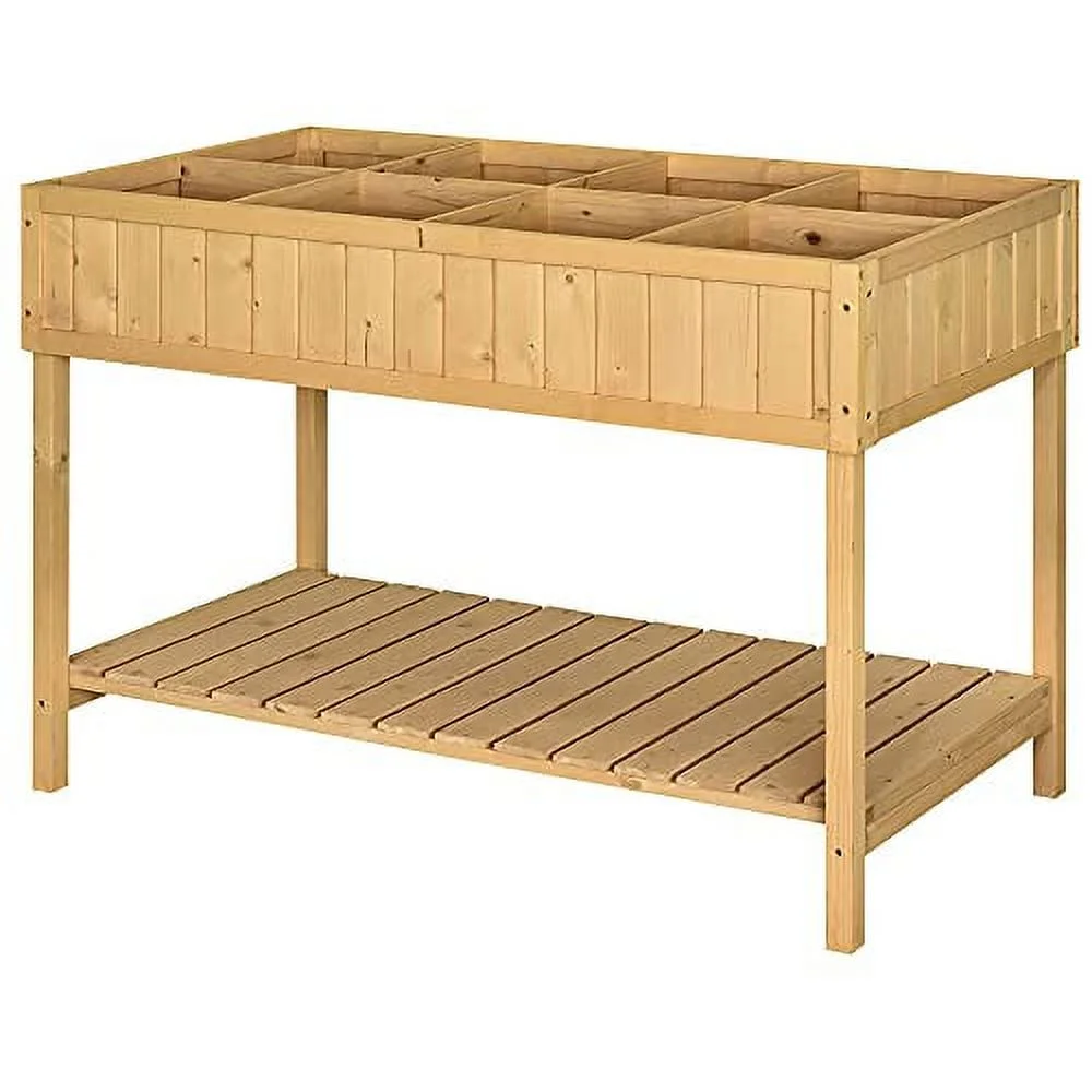 Outsunny Wooden Raised Garden Bed with 8 Slots, Elevated Planter Box Stand with Open Shelf for Limited Garden Space to Grow Herbs, Vegetables, and Flowers, Natural
