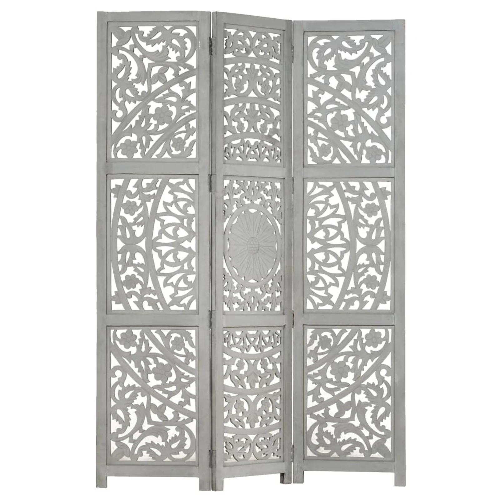 Dcenta Hand Carved 3-Panel Room Divider Wooden Room Partition Panel Mango Wood Foldable Screen Gray for Bedroom, Bathroom, Living Room, Kitchen, Home Furniture 47.2 x 65 Inches (W x H)