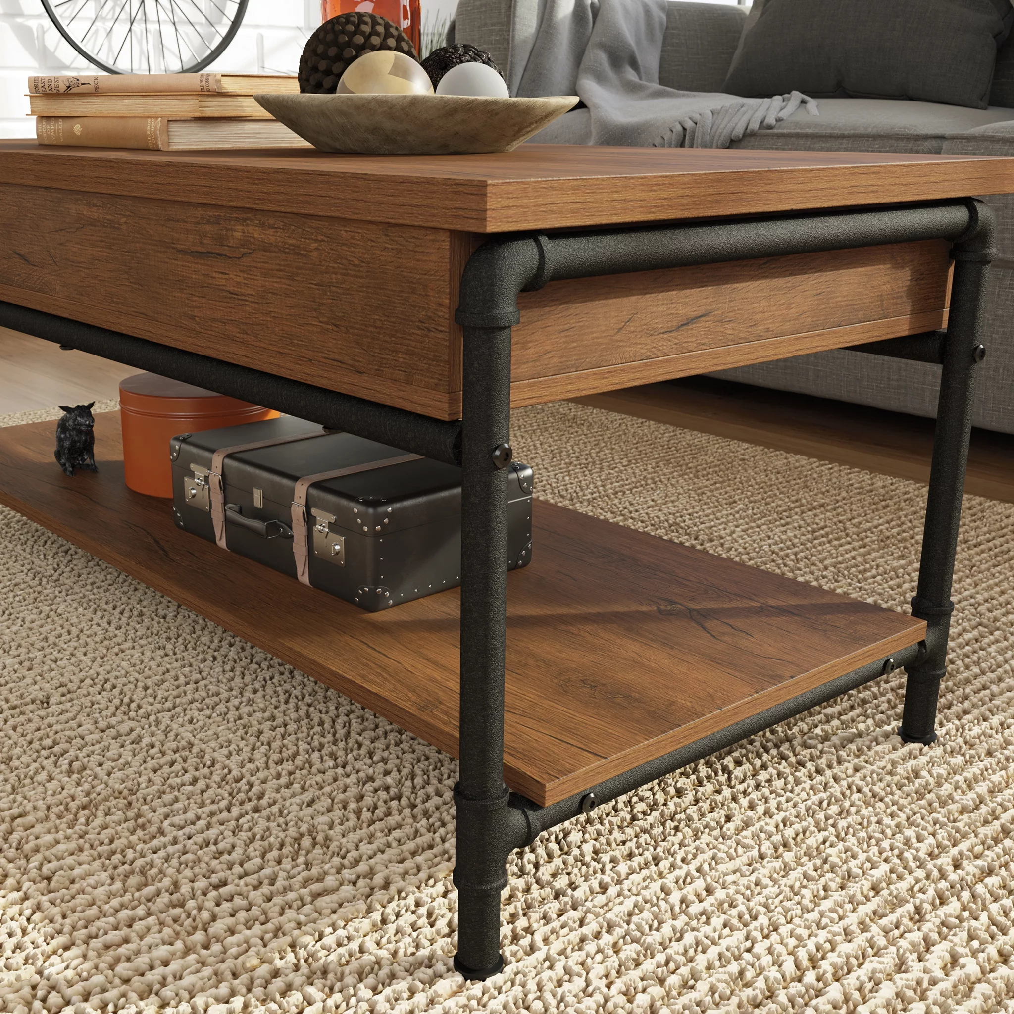 Sauder Iron City Industrial Pipe Lift-Top Coffee Table, Checked Oak Finish