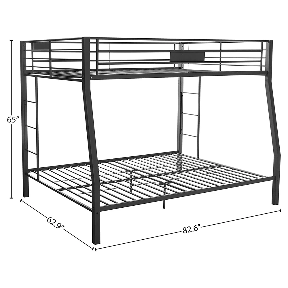 Full over Queen Bunk bed with Ladder and Guardrail in Sandy Black, Metal Frame, Space-Saving Design