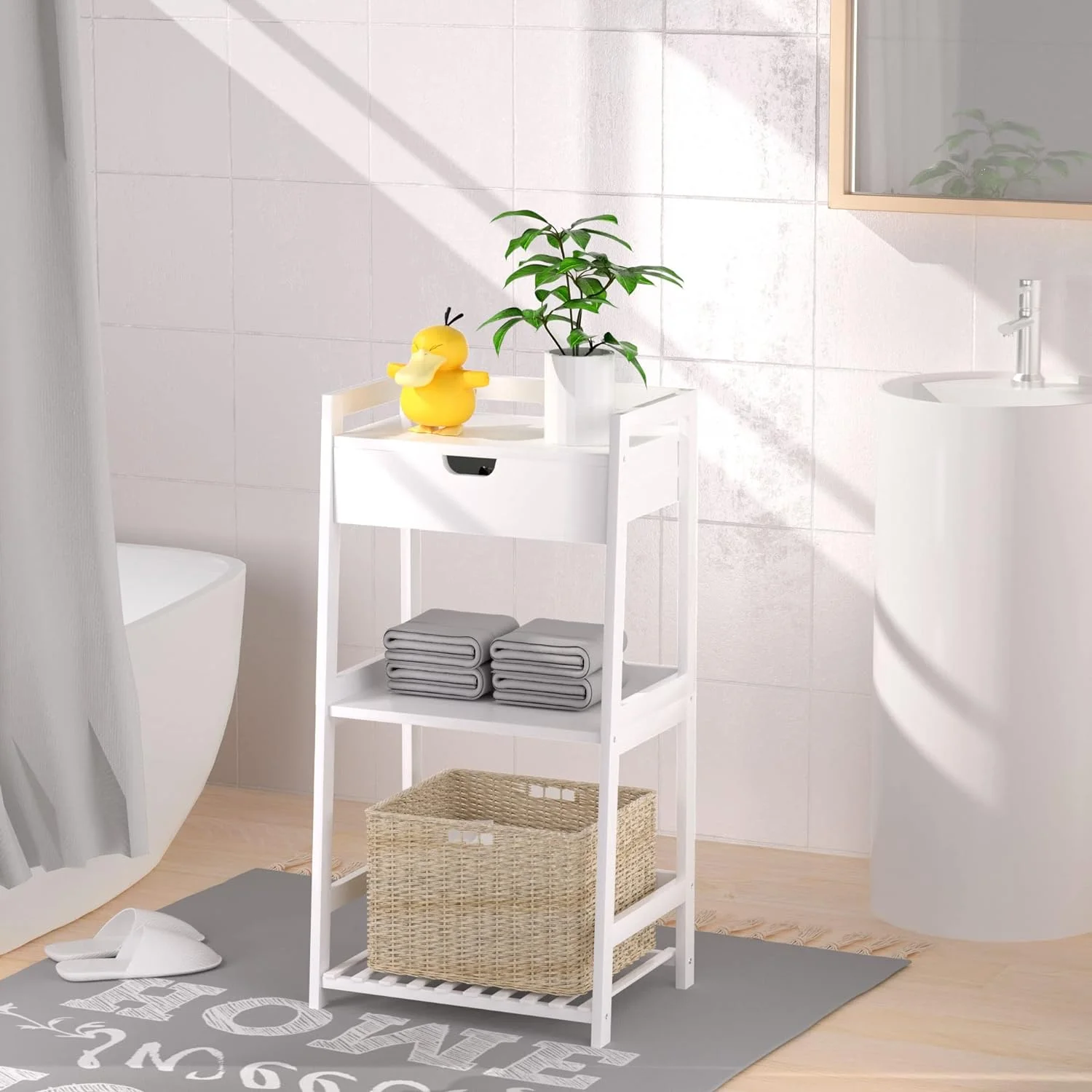 Bathroom Shelves, 3 Tier Ladder Shelf with Drawers, Bamboo Bookshelf Open Shelving, Nightstand Bookcase End Table Plant Stand for Living Room, Bedroom, Bathroom, Kitchen