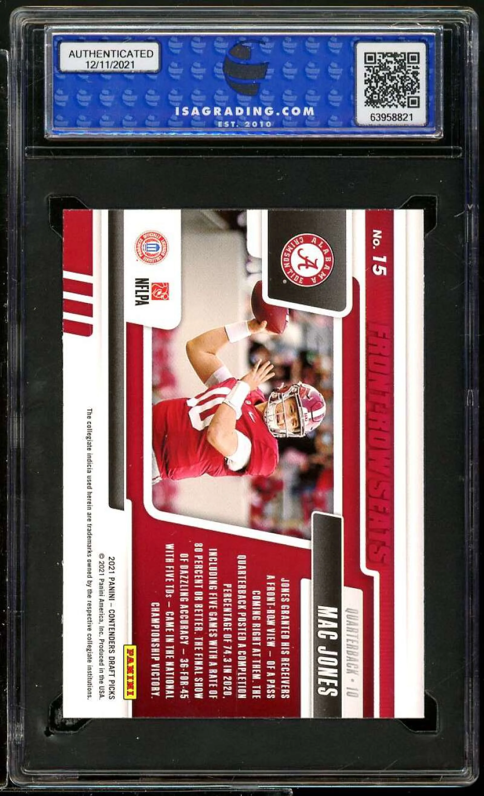 Mac Jones Rookie Card 2021 Panini Contenders D.P. Front Row Red #15 ISA 9 MINT