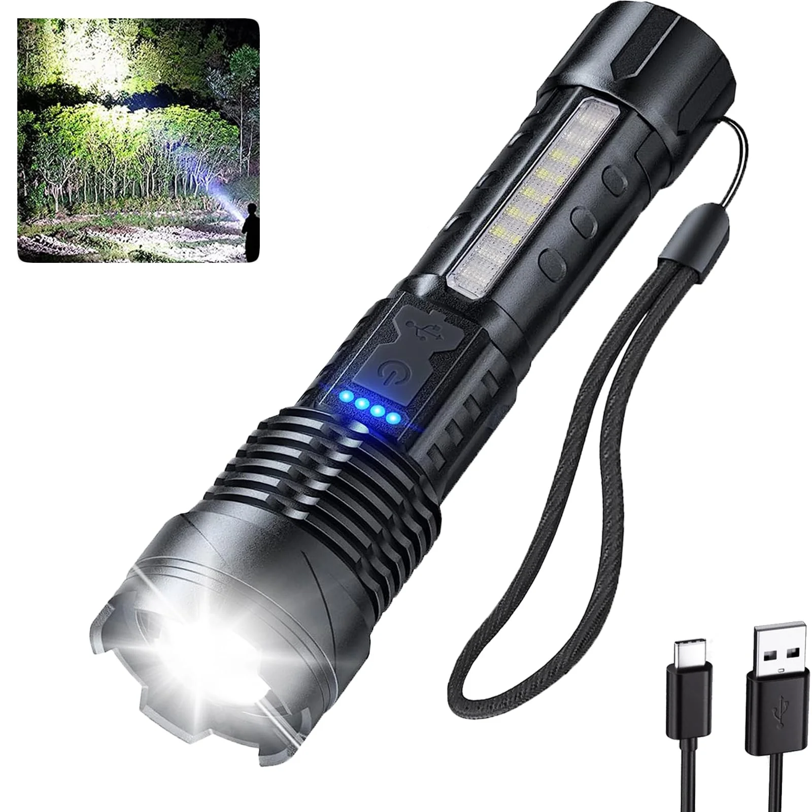 150000 Lumens Powerful Flashlight, Rechargeable Waterproof Searchlight XHP90 Super Bright Handheld Led Tactical Flashlight 26650 Battery 7 Mode USB Zoom Torch for Camping Emergency Hunting Hiking