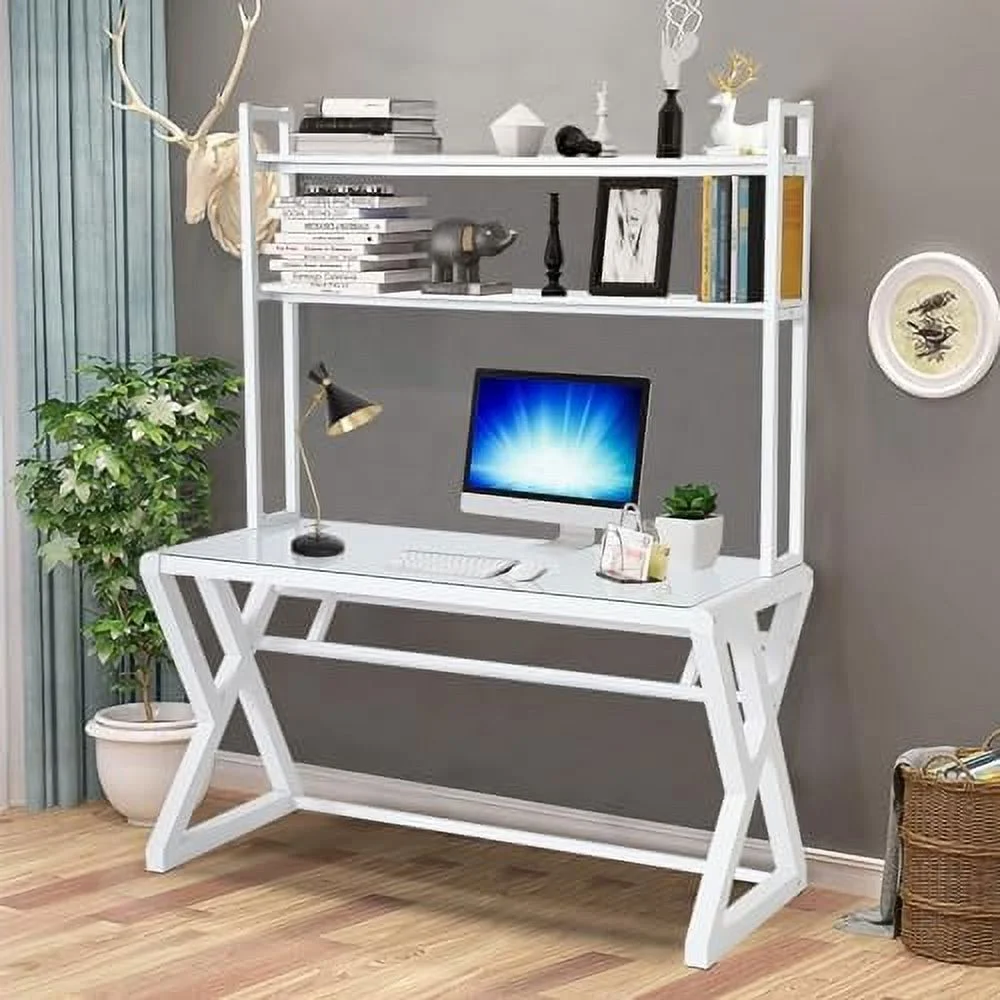 GVJMTKP Computer Desk with Shelves - Glass Top and Metal Frame White Desk with 2 Tiers Shelves Modern Computer Desk with  Shelves for Home Office (55.1 inch+Shelves)