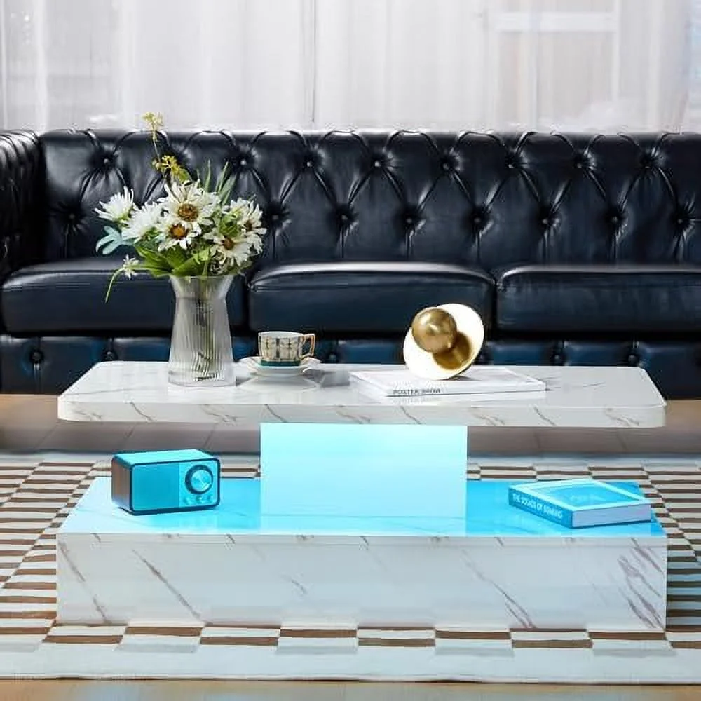 ZFGSUIJN White Coffee Table with   High Gloss Modern Coffee Table for Living Room  Marble Grain Wood Coffee Table  Smart Large Living Room Table with LED