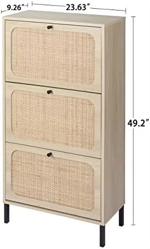 ZWNLKQG Shoe Cabinet with 3 Flip Down  Shelves Free-Standing Shoe Rack Rustic Wood Shoe  Organizer with Unique Rattan Decor for Entryway Hallway Doorway