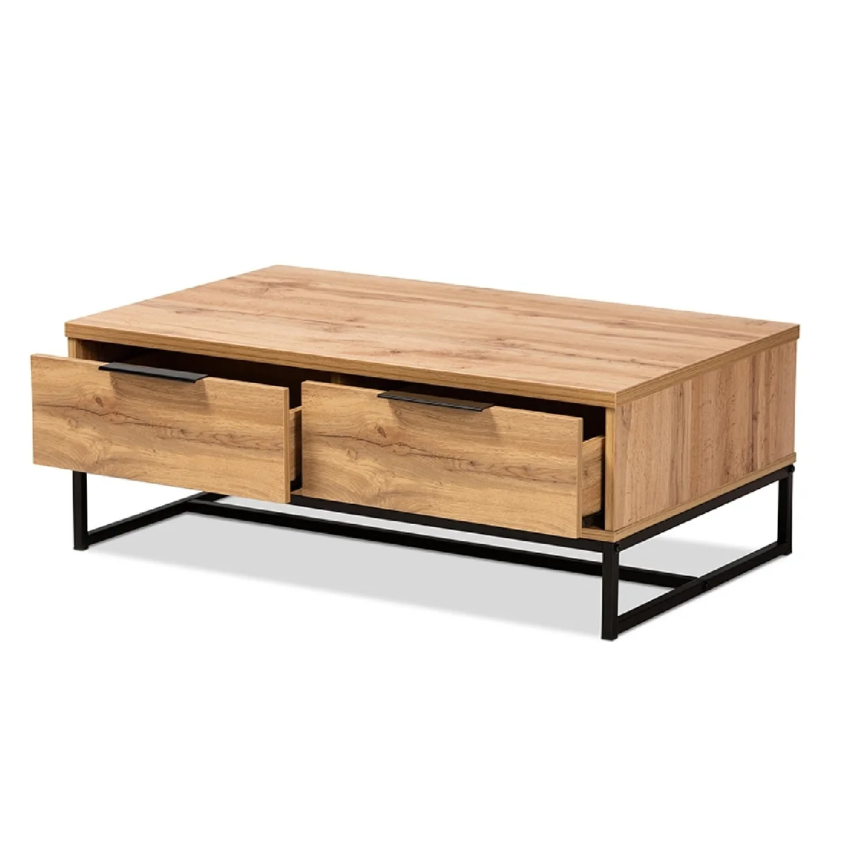 Baxton Studio Franklin Modern and Contemporary Oak Brown Finished Wood and Black Finished Metal 2-Drawer Coffee Table