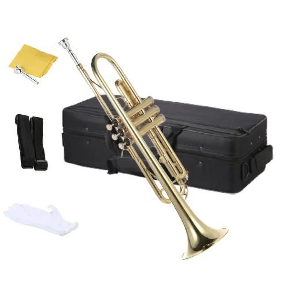 Dcenta Standard Bb Trumpet Flat Brass Gold-painted Exquisite Durable Musical Instrument with Mouthpiece Gloves Strap Case, for Beginner Student