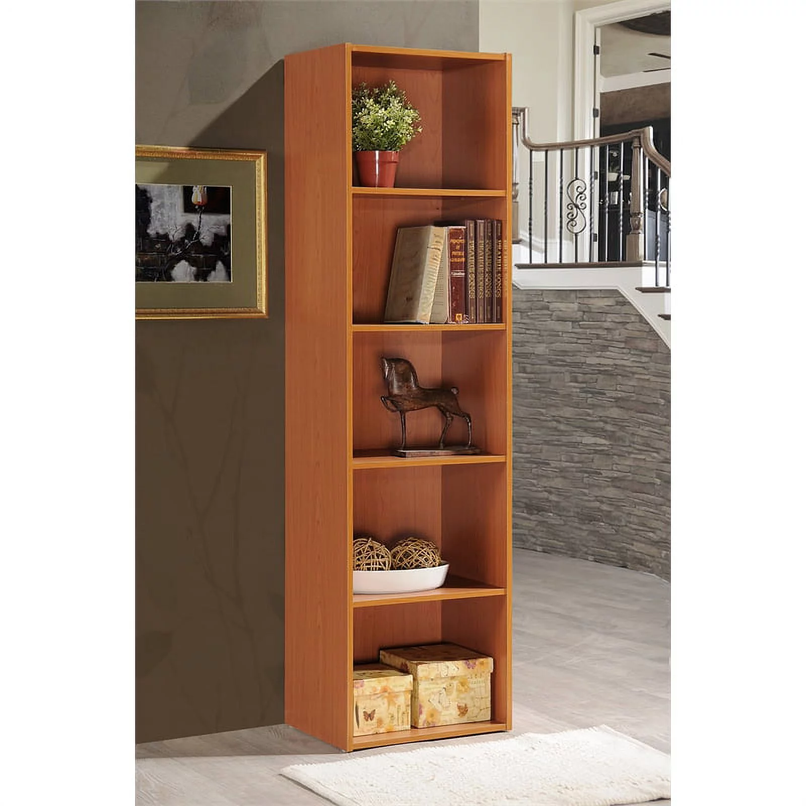 Home Square 5 Shelf Multi-Purpose Wooden Bookcase Set in Cherry (Set of 2)