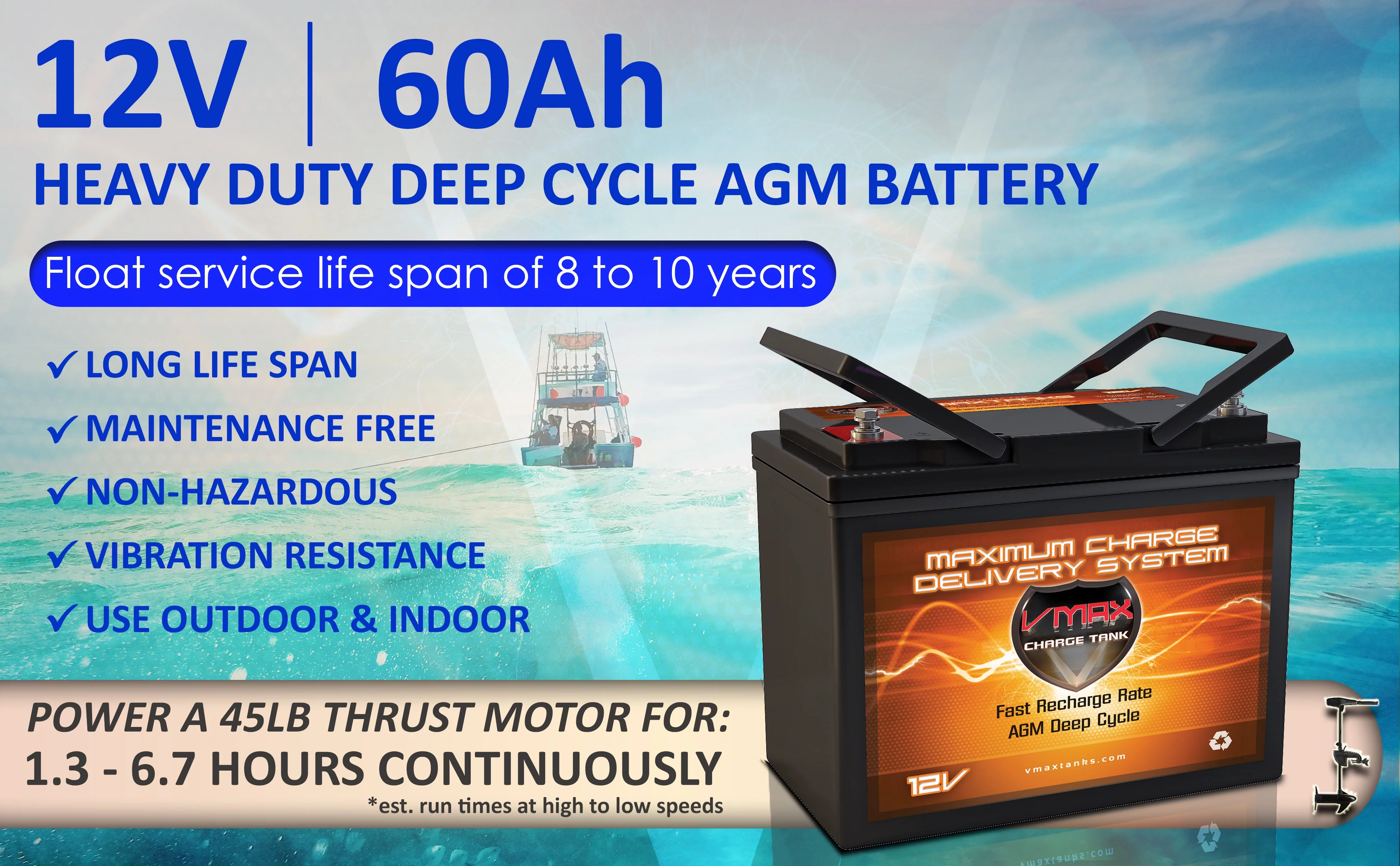 VMAX MR96-60 12V 60Ah AGM Deep Cycle Battery for Aquos Haswing 12v 55lbs Bow Mount Electric Trolling Motor