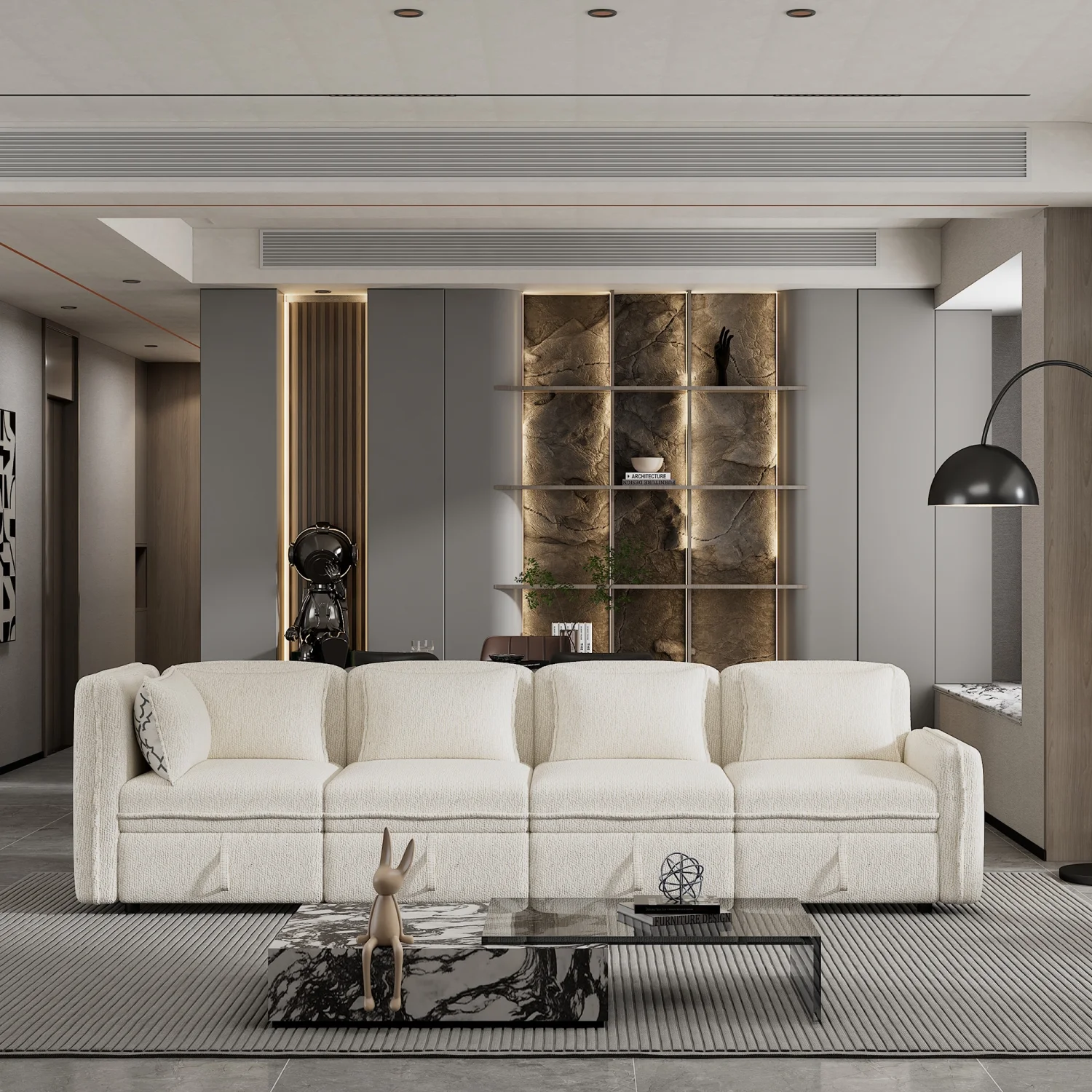 Minimalist Cream Chenille Fabric 4 Seater Convertible Modular Sectional Sofa with Free Combination  Including 5 Pillows – Perfect for Living Room  Office  Apartment  and Small Space