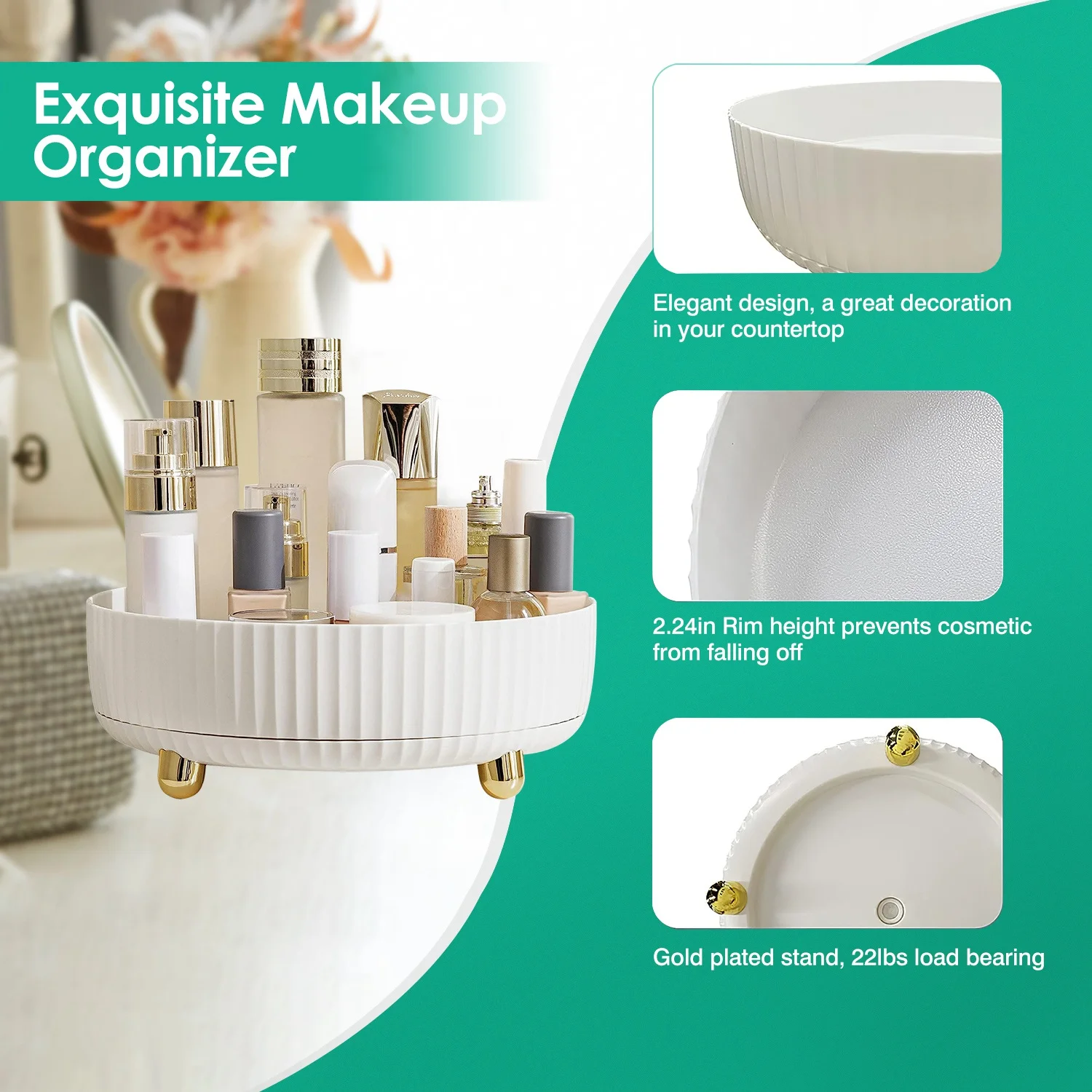 iMounTEK 360° Rotating Makeup Organizer Perfume Cosmetic Storage Tray 22LBS Load for Lotion Lipstick, White