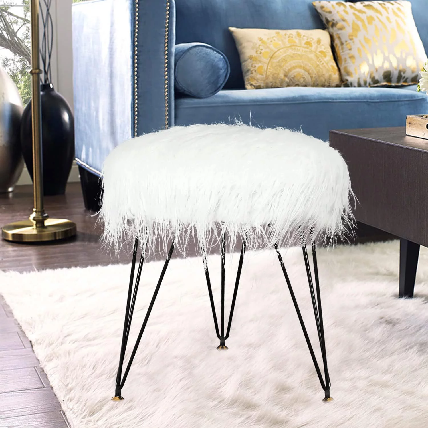 Faux Fur Vanity Stool Chair, Soft Furry Compact Padded Seat With Metal Legs, Round Small Ottoman Footrest Stool For Makeup Living Room Bedroom ( White)