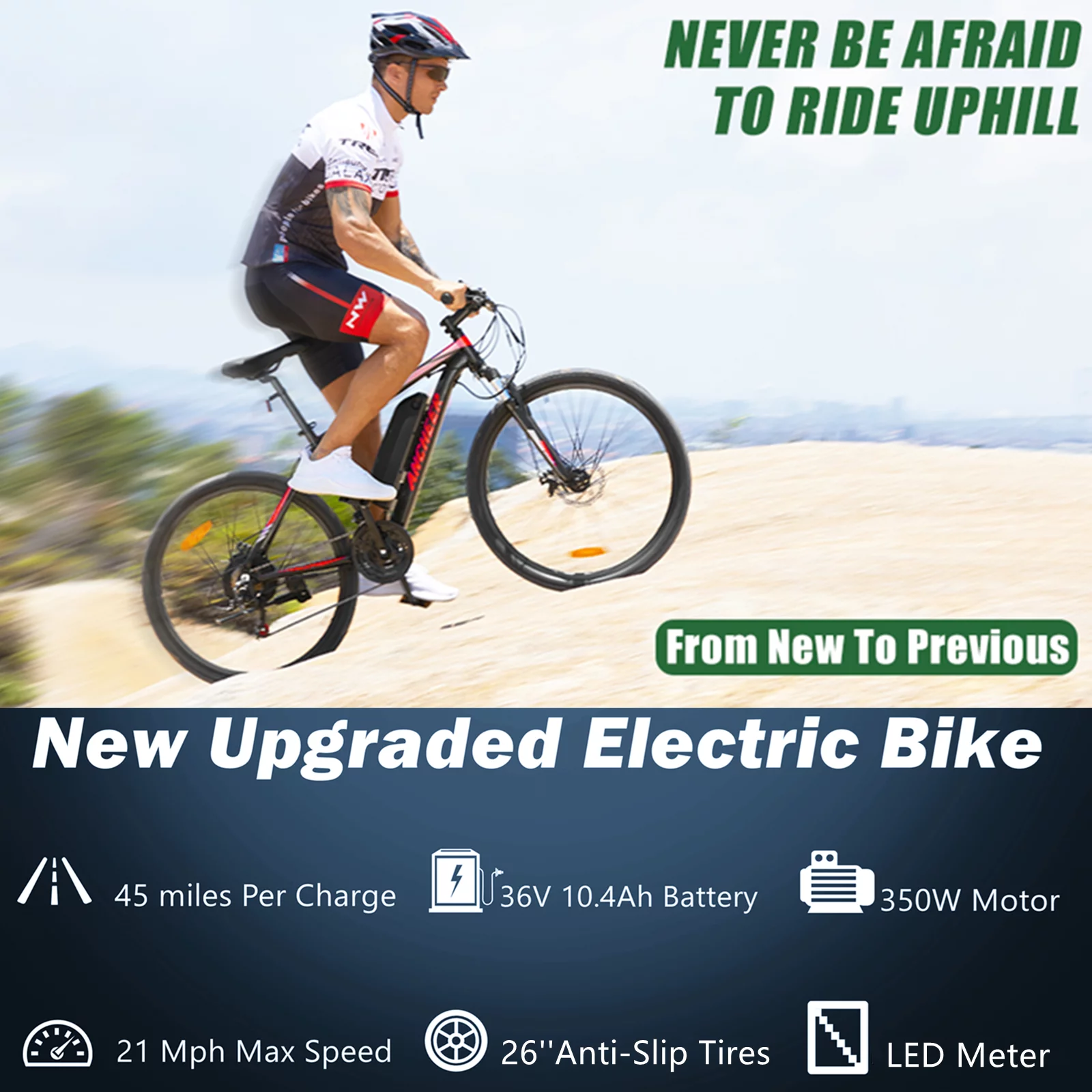 Generic 26 In. 350W Electric Mountain Bike Adult Bicycle, Shimano 21 Speed Commuter Ebike with Removable 10.4Ah Lithium-Ion Battery, 20MPH, Dual Disc Brakes, Red