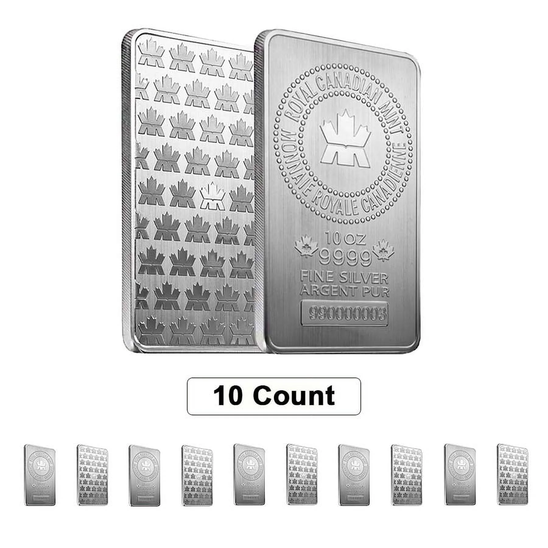 Lot of 10 - 10 oz Royal Canadian Mint (RCM) .9999 Fine Silver Bar (Sealed)