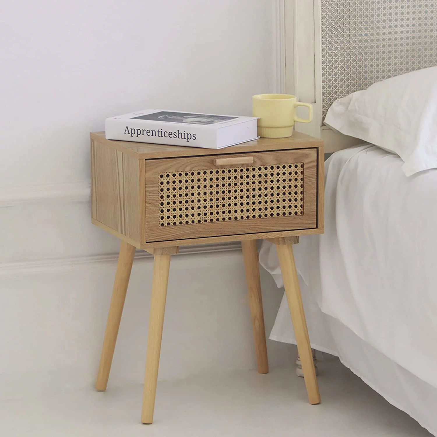 Nightstand Mid Century Modern Side Table with Rattan Drawer, End Table with Storage and Solid Wood Legs for Bedroom Living Room Small Space, Easy Assembly (Natural Walnut)