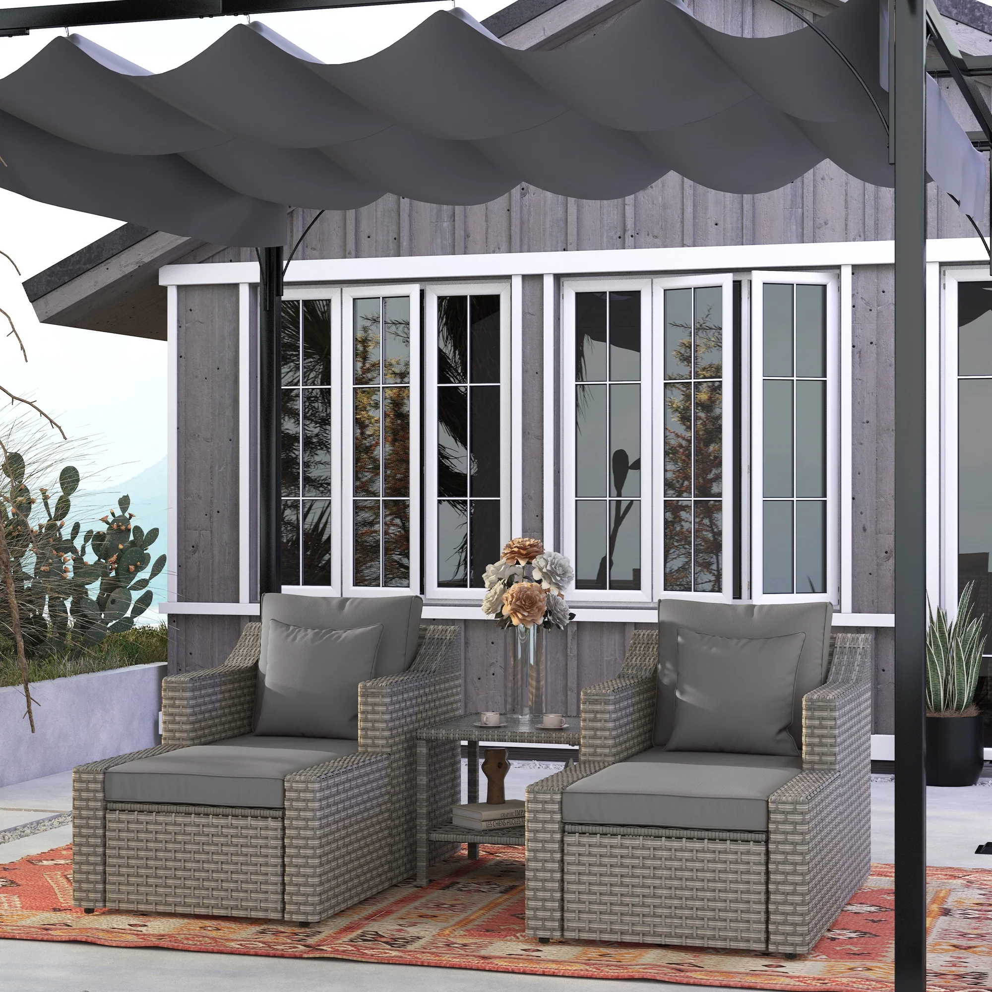Outsunny 5 Piece Patio Furniture Set, Chairs, Ottoman, Coffee Table, Gray