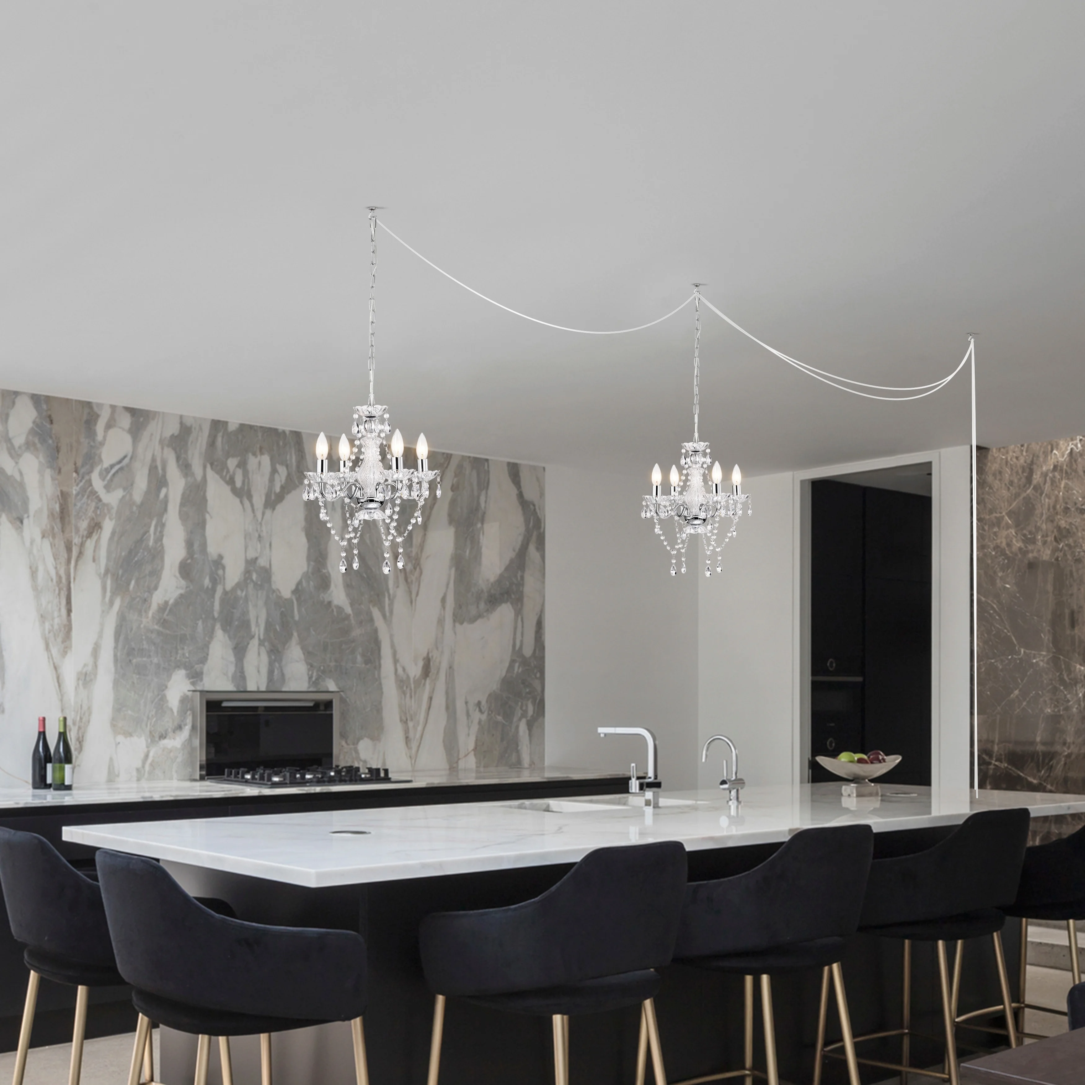 LaLuLa Plug-in Swag Chandelier Chrome Chandelier with Acrylic Crystal 4-Light