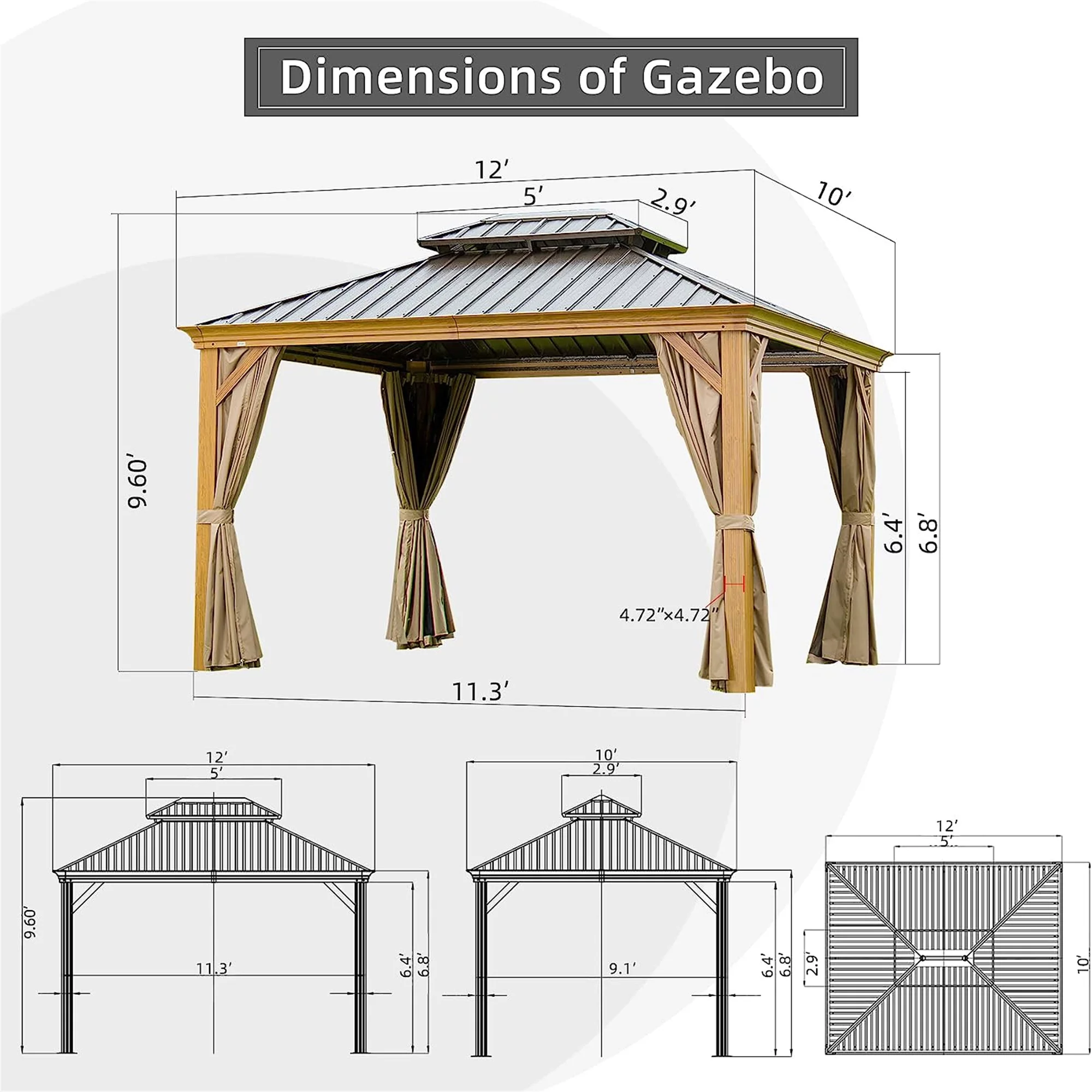 12'x20' Hardtop Gazebo, Outdoor Aluminum Frame Canopy with Galvanized Steel Double Roof, Outdoor Permanent Metal Pavilion with Curtains and Netting for Patio,Backyard and Lawn (Brown)