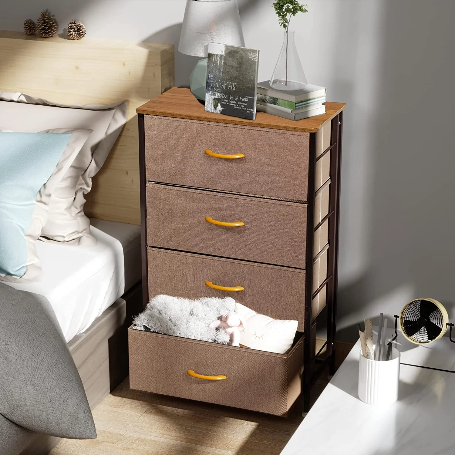 SQWEDX Dresser  Tower  4 Fabric Organizer Drawers  Wide Chest of Drawers for Closet Boys & Girls Bedroom  Bedside   Steel Frame  Wood Top  Fabric Bins  Easy Installation (Camel)