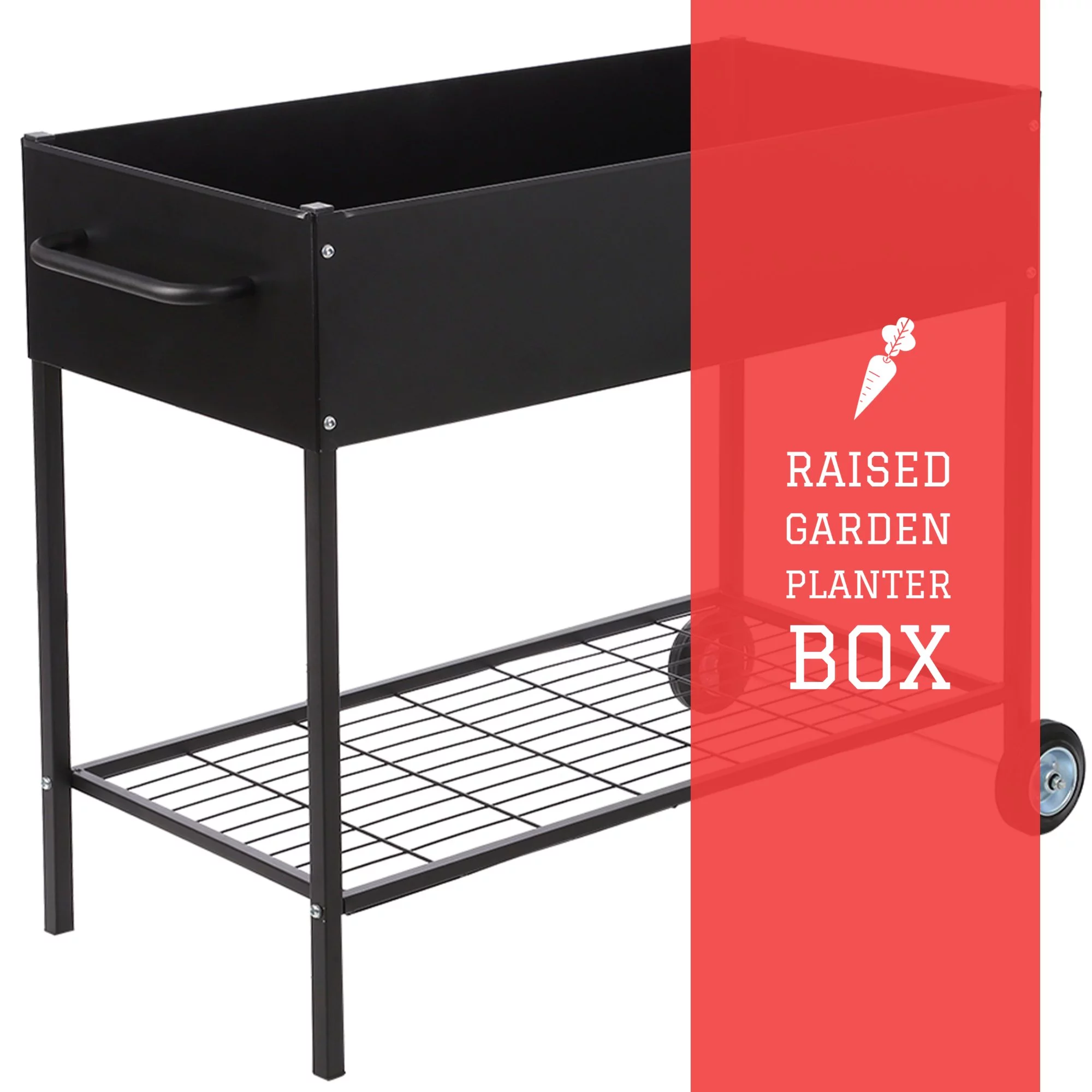 Raised Garden Bed with Wheels - Mobile Galvanized Steel Planter with Lower Shelf