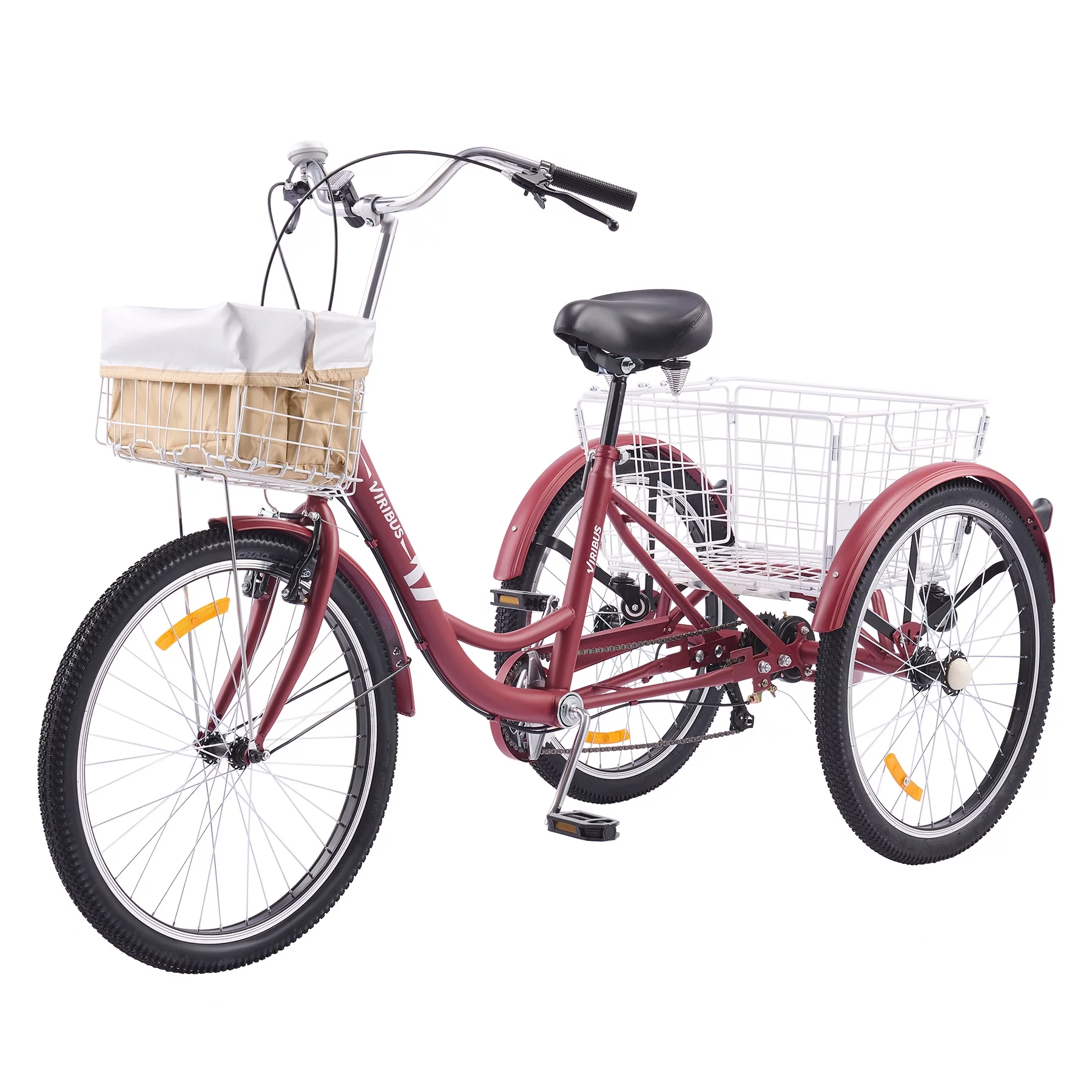 VIRIBUS 26 Inch Adult Trike 7 Speed Bike w Adjustable Seat 2 Baskets Matte Red