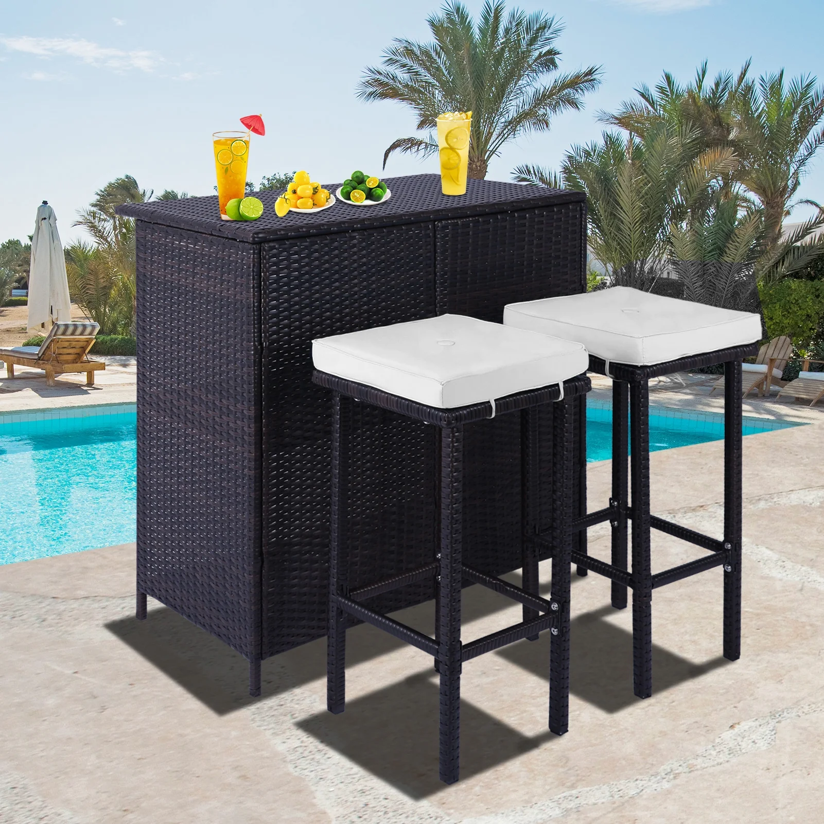 3-Piece Patio Outdoor Conversation Bar Set of 1Table and 2Stools,All Weather PE Rattan and Steel Frame Furniture with Removable Cushions for Outside Backyards,Porches,Gardens or Poolside(Brown+Beige)