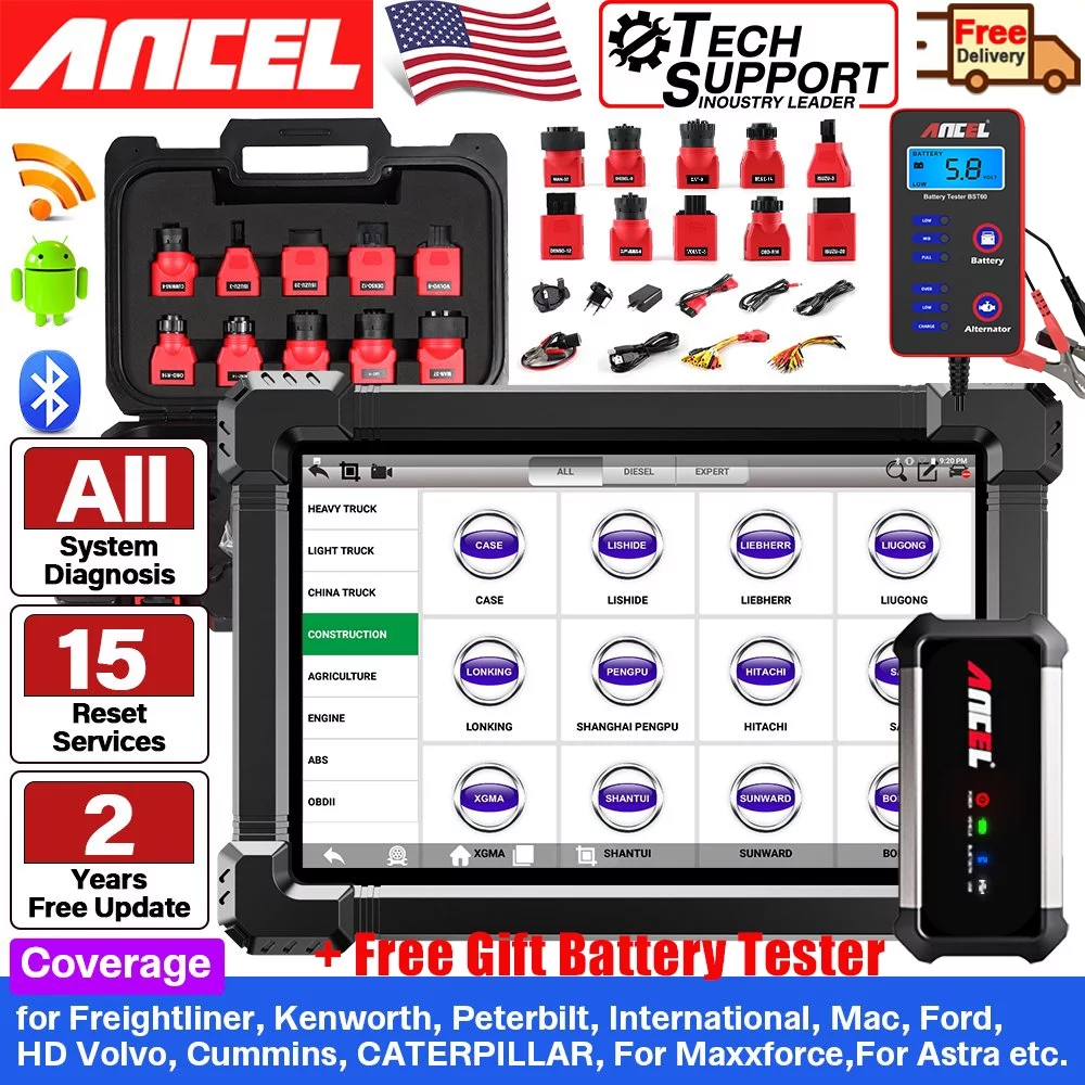 ANCEL X7 HD Heavy Duty Truck Scanner Tablet Diesel Truck Diagnostic Tool ECU Coding Full System Bidirectional Control Free 15 Reset Services,24V Truck 12V Car 2in1 Code Reader, Gift:Car Battery Tester