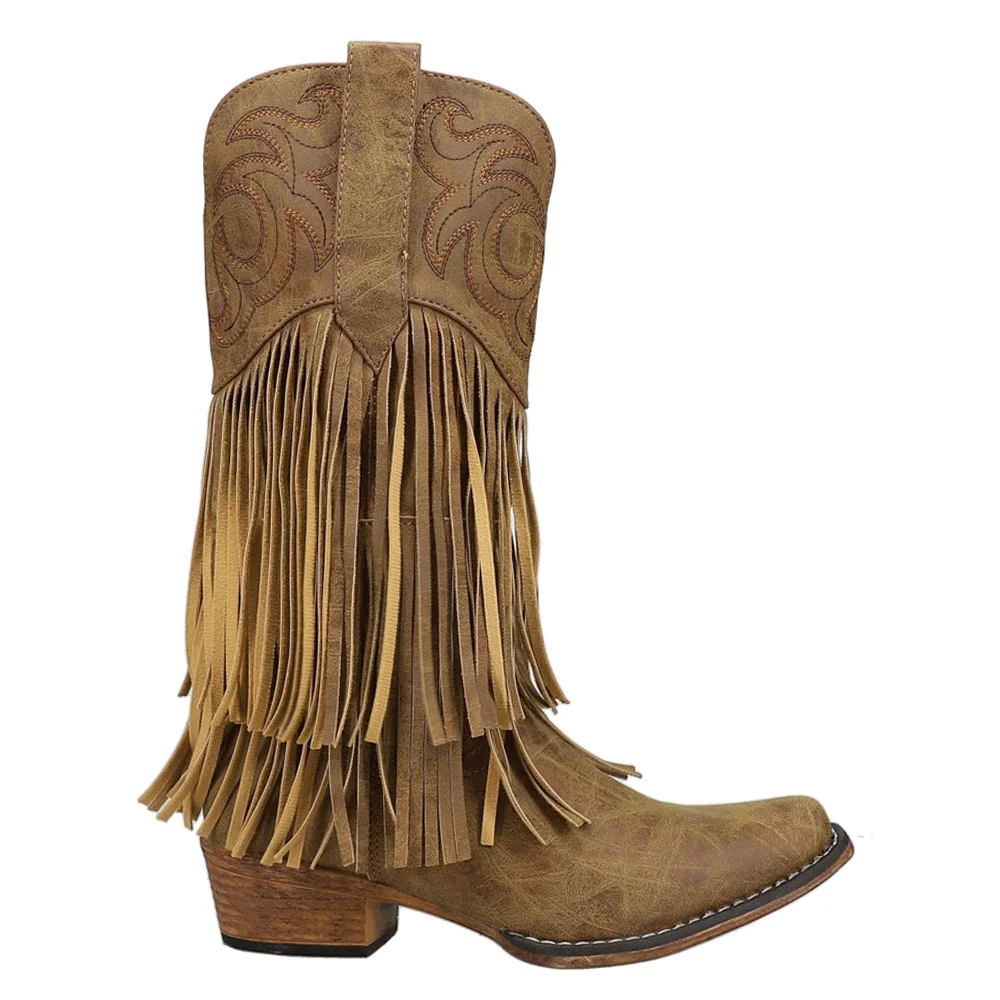 Roper  Womens Rickrack Embroidery Fringe Snip Toe Cowboy  Casual Boots   Mid Calf Low Heel 1-2