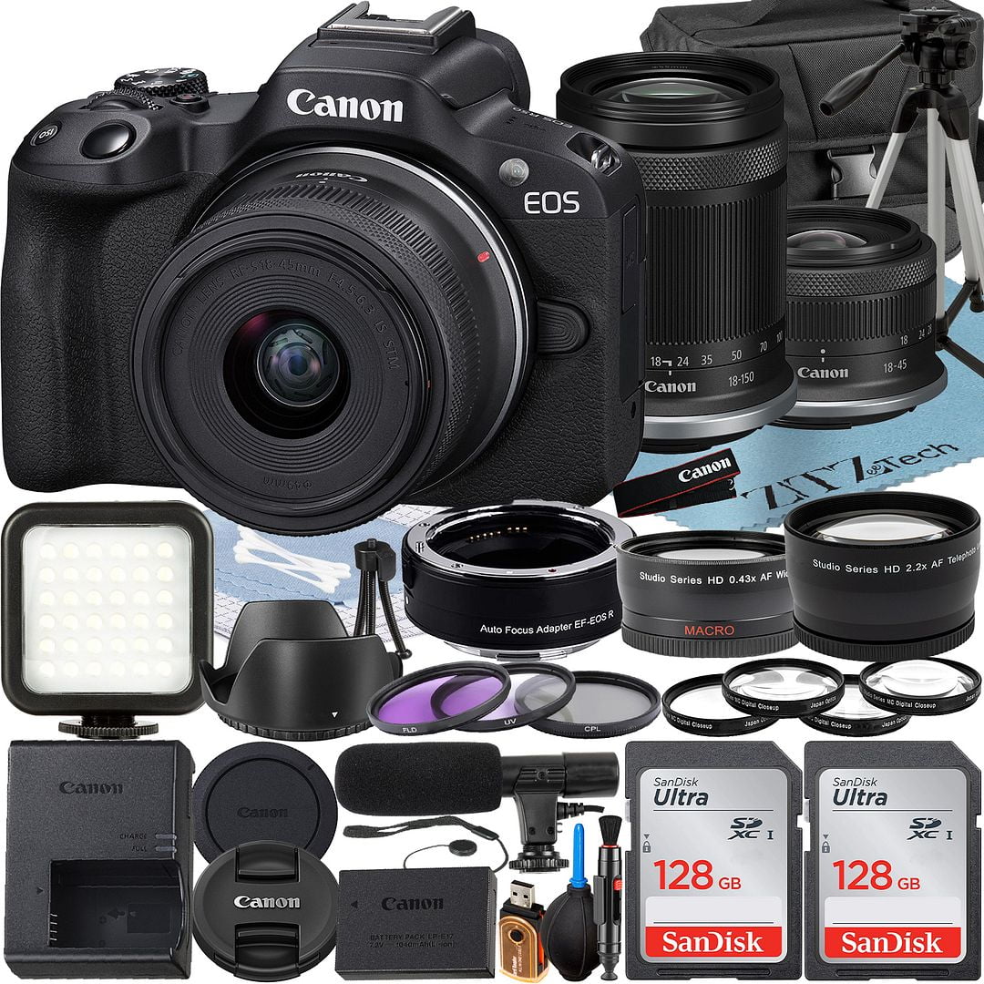 Canon EOS R50 Mirrorless Camera with RF-S 18-45mm + 18-150mm Lens + Mount Adapter + 2 Pack SanDisk 128GB Memory Card + Case + ZeeTech Accessory