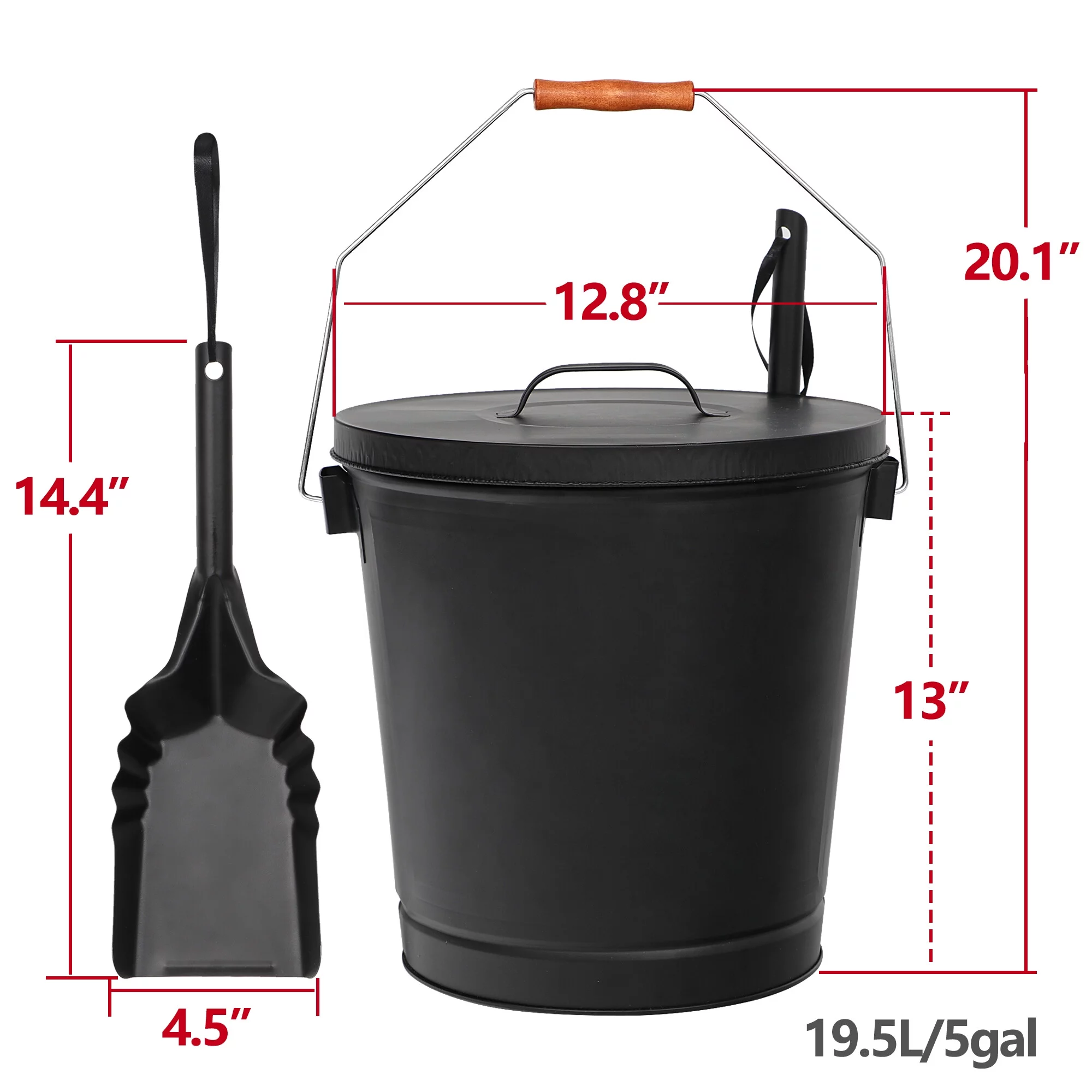 ZenSports 5.15Gal Large Fireplace Ash Bucket W/ Lid & Coal Shovel, Black