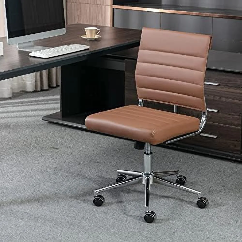 CKPFVY Armless Office Chair  Leather Modern Desk Chair Swivel Task Chair  Small Conference Room Chairs Ribbed Computer Chair Without Arms.