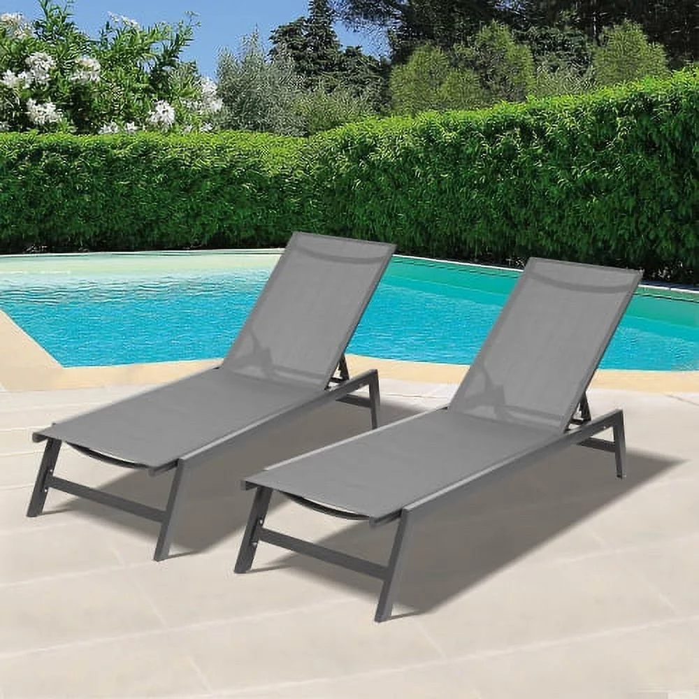 Outdoor 2-Pcs Set Chaise Lounge Chairs,Five-Position Adjustable Aluminum Recliner,All Weather For Patio,Beach,Yard, Pool(Grey Frame/Dark Grey Fabric)
