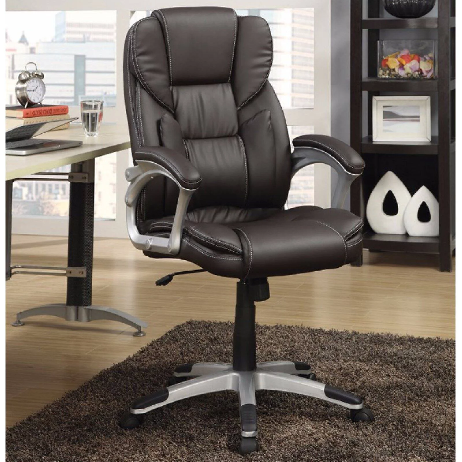 Benzara  Executive High-Back Leather Chair, Dark Brown