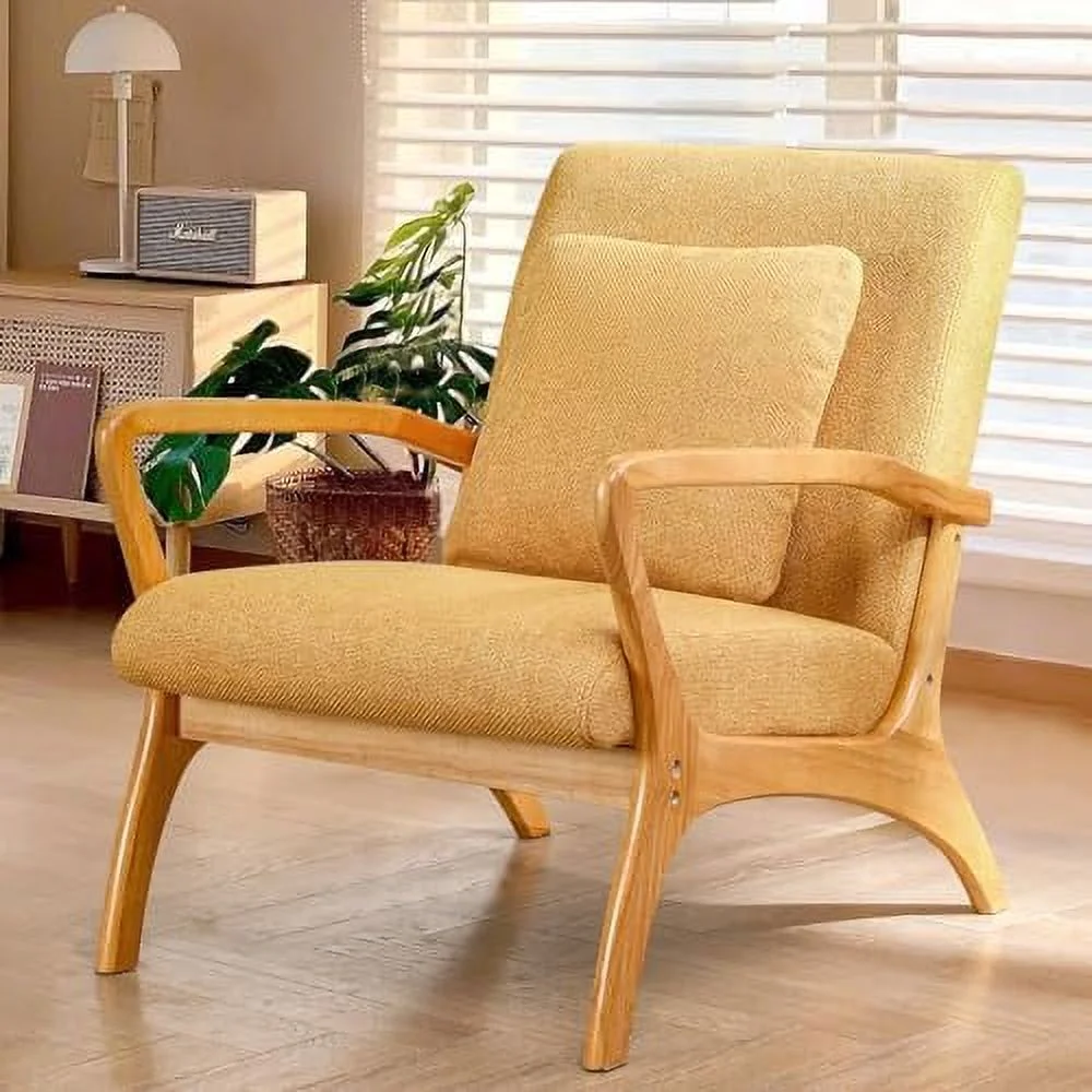 TJUNBOLIFE Accent Chair Mid-Century Modern Chair with Lumbar Pillow Upholstered Armchair Premium Linen Fabric Comfy Reading Chair  Lounge Side Chair for Living Room Bedroom Sunroom Apartm