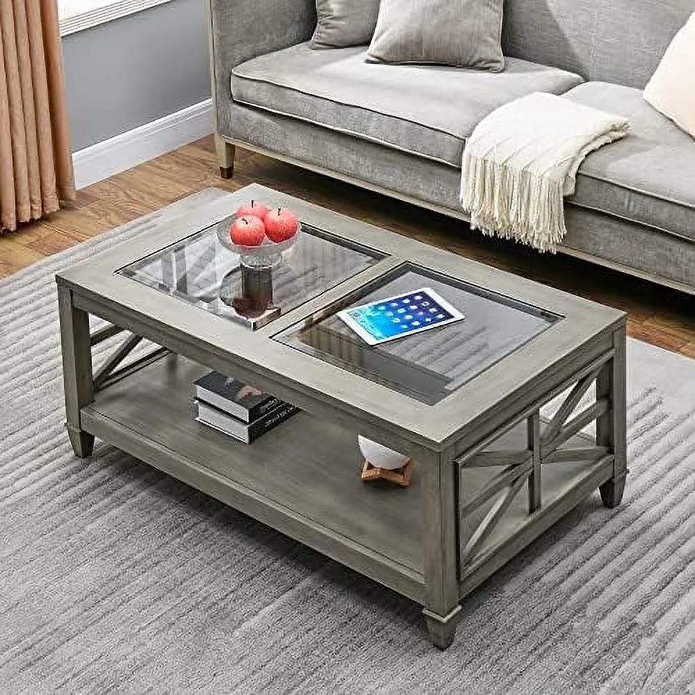 TJUNBOLIFE Farmhouse Coffee Tables for Living Room  Grey Coffee Tables Rustic Solid Wood Coffee Table  Glass Cocktail Table Center Table  45.5"x26"x19"  Antique Grey KFZ-1318-